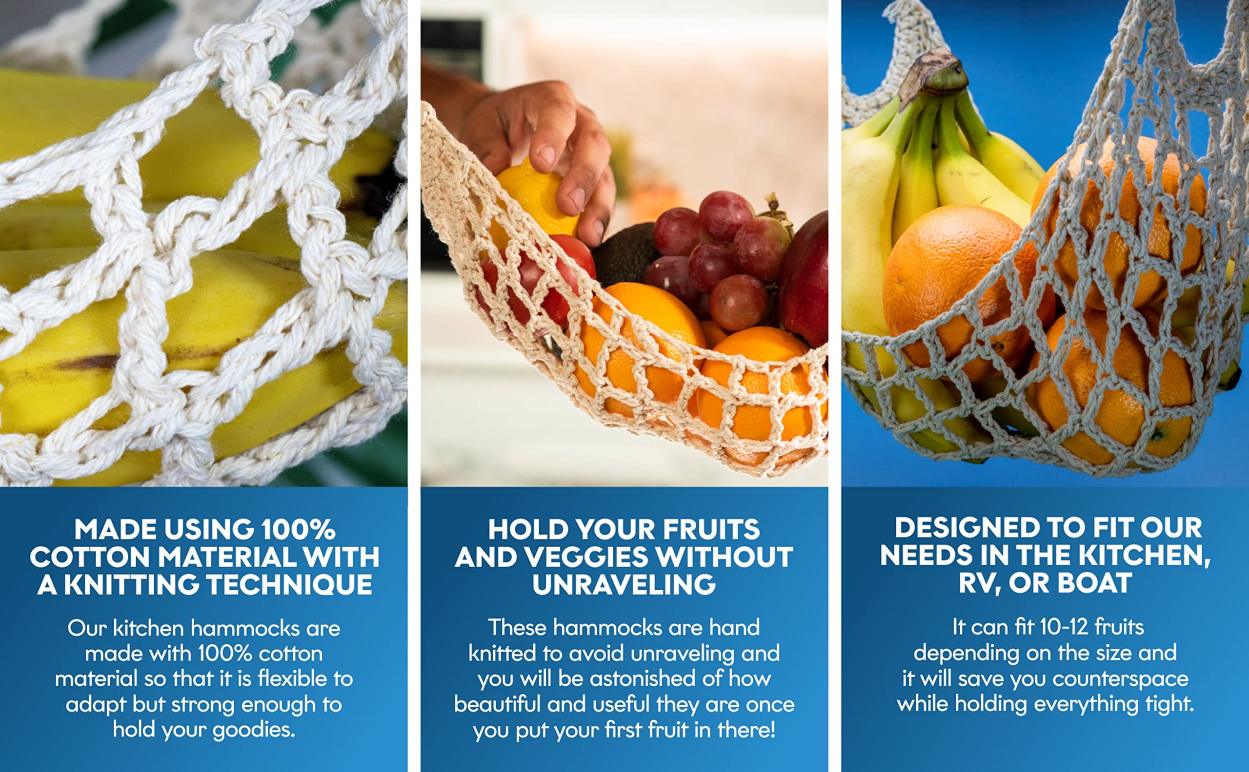 3 Pack Hanging Fruit Hammock - 3 Handwoven Cotton Vegetable & Banana Storage Baskets with 6 Hooks - Space Saving Kitchen Organizer for Counter, Cabinet, RV or Boat - Perfect for Storing Fruits, Vegetables & Kitchen Essentials