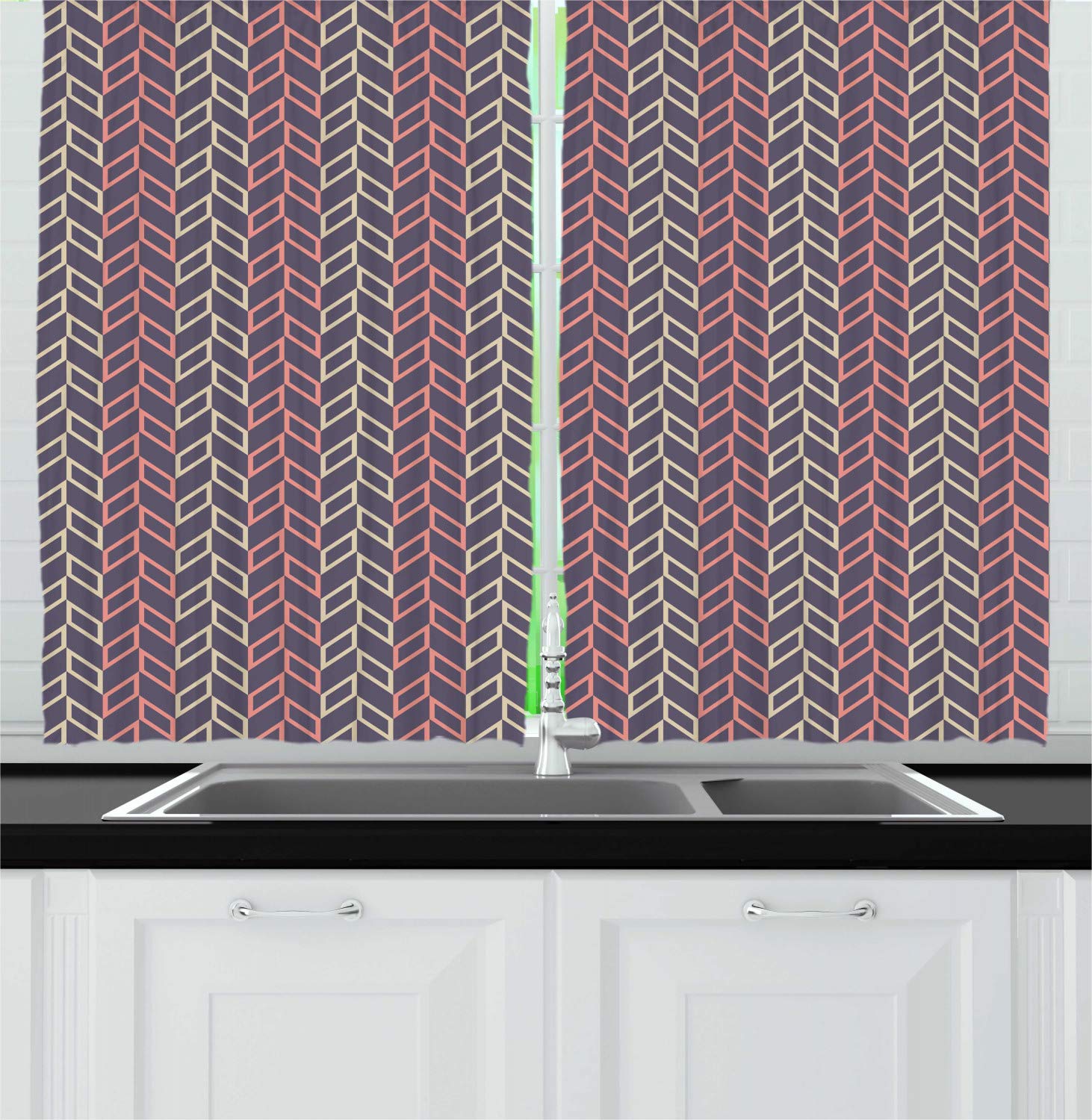 Ambesonne Herringbone Kitchen Curtains - Optical Illusion Design with Repeating Parallelograms, 2 Panel Window Drapes for Kitchen & Cafe Decor, 55