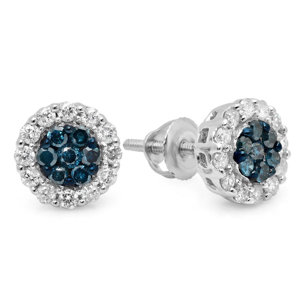 Dazzlingrock 14K White Gold Round Blue & White Diamond Cluster Stud Earrings for Women - 0.60 Cttw, Solid Gold Elegant Jewelry for Parties, Weddings & Special Occasions