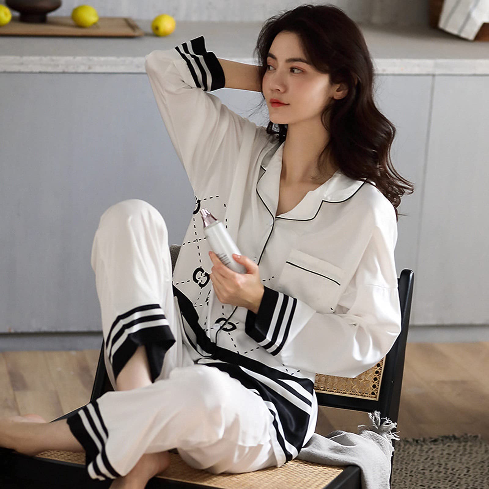 FMOGG Women's Faux Silk Satin Pajama Set - 2 Piece Long Sleeve Sleepwear for Women, Soft & Comfortable Nightwear for Fall & Winter - Perfect for Lounging, Sleepovers and Cozy Nights at Home