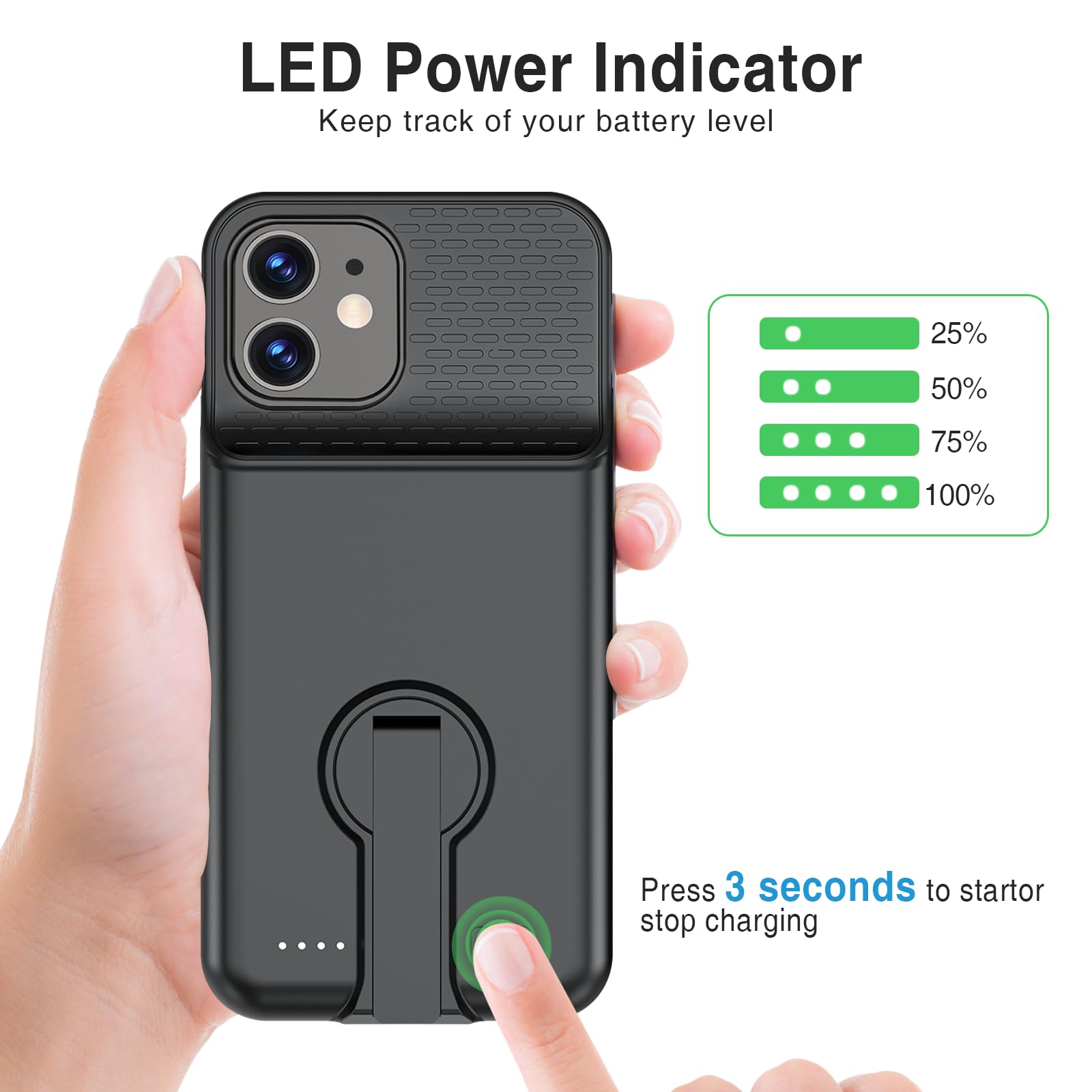 GIN FOXI 5000mAh Magnetic Battery Case for iPhone 12/12 Pro/13/13 Pro/14/14 Pro/15/15 Pro/16 Pro/16 Pro Max - Portable Charging Case with Kickstand (Black) | Perfect for Travel, Work & Outdoor Activities