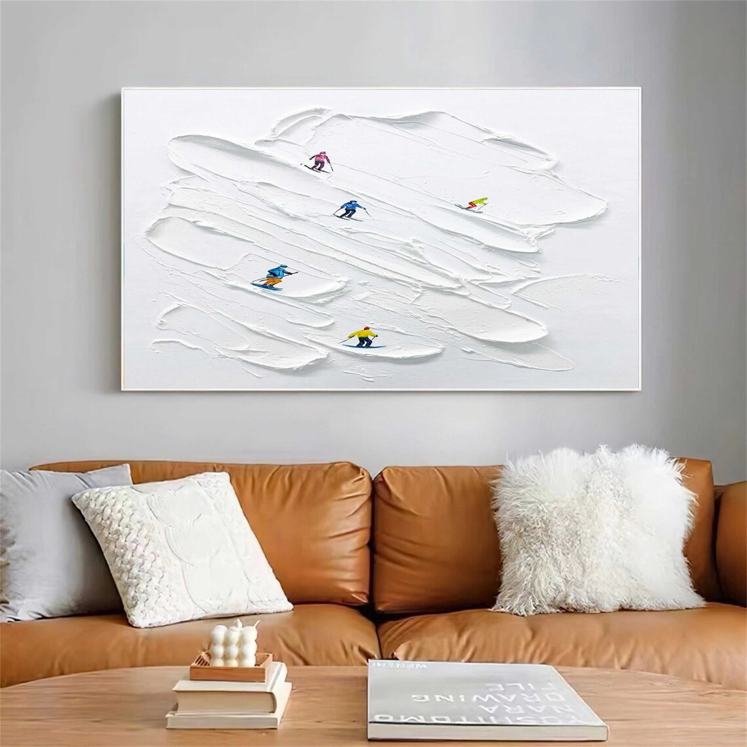 Premium Skiing Sport Art Textured Canvas Painting - Winter Sports Wall Decor for Home & Office (Style #MM126) - Perfect for Ski Lodge, Mountain Cabin & Sports Enthusiast Gifts
