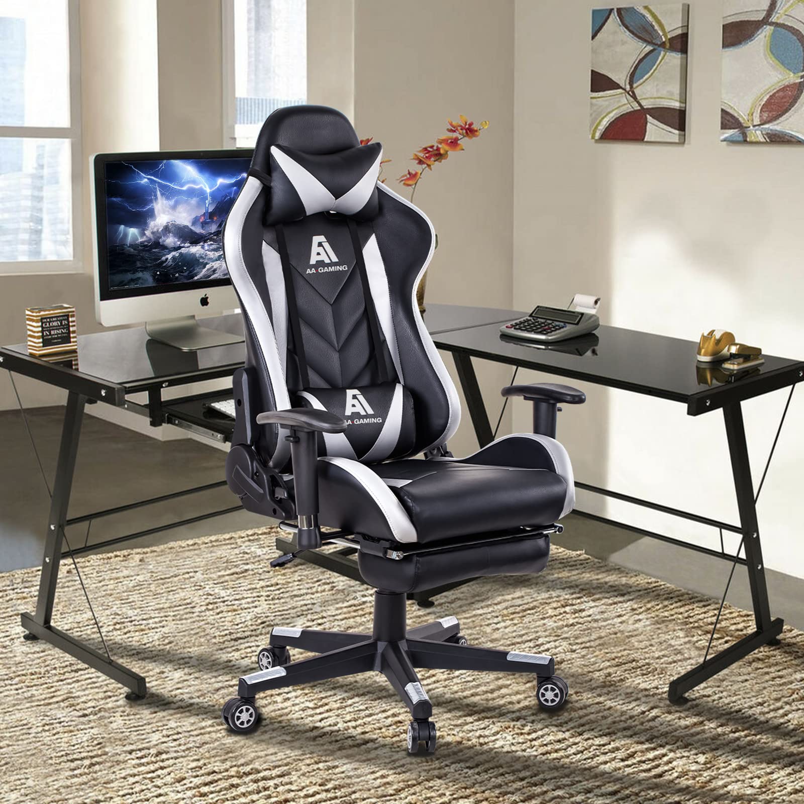 AA Products Ergonomic Gaming Chair - High Back Racing Office Chair with Adjustable Height, Lumbar Support & Footrest - White - Perfect for PC Gaming, Work from Home & Esports