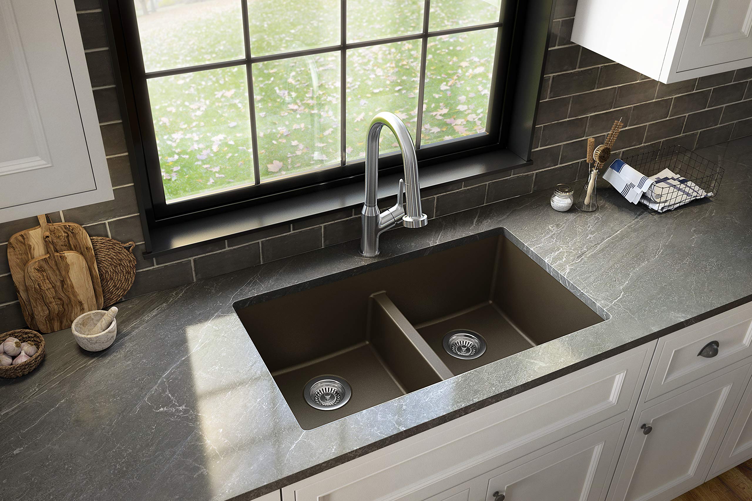 Karran QU-810 32-Inch Undermount Double Equal Bowl Quartz Kitchen Sink in Brown - Perfect for Modern Farmhouse & Contemporary Kitchen Designs