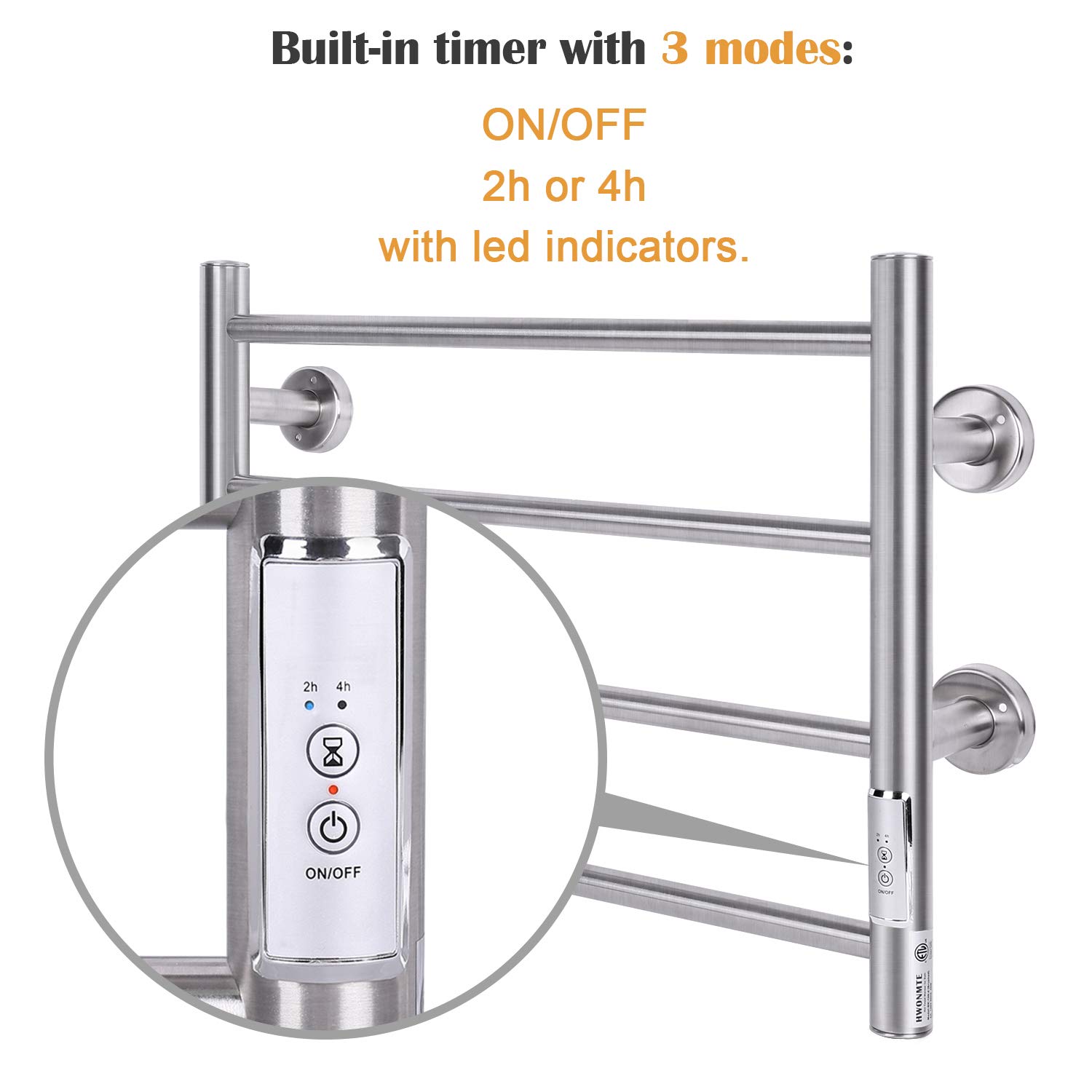 JSLOVE Wall Mounted Heated Towel Rack - Stainless Steel Towel Warmer with Built-in Timer, Plug-in/Hardwired (Silver, 4 Bars) - Perfect for Bathroom, Spa, Gym & Luxury Home Use
