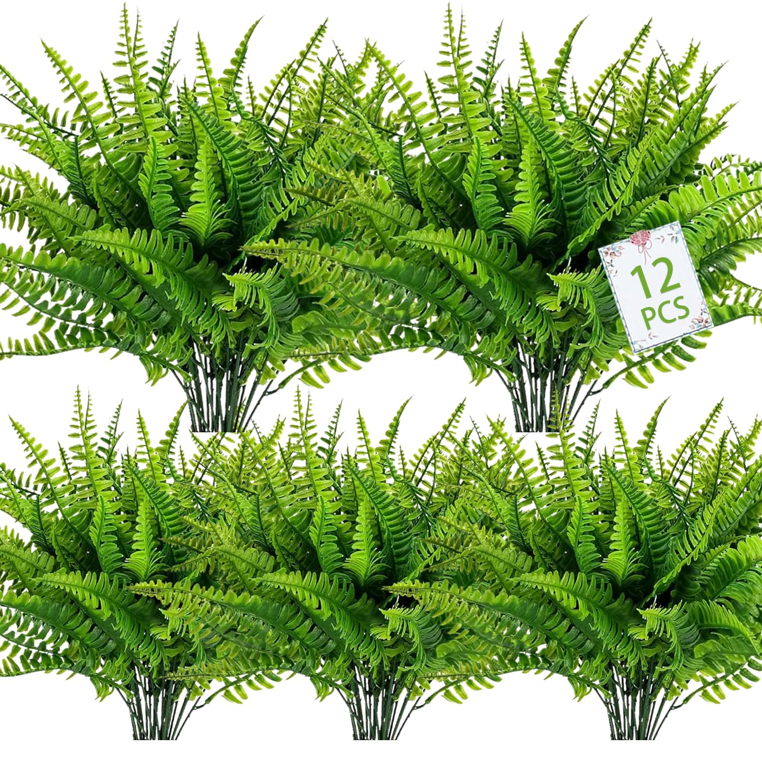 12 Bundles Artificial Boston Fern Plants - UV Resistant Faux Greenery for Outdoor Garden, Porch & Window Box Decor - No Fade Plastic Plants for Year-Round Beauty