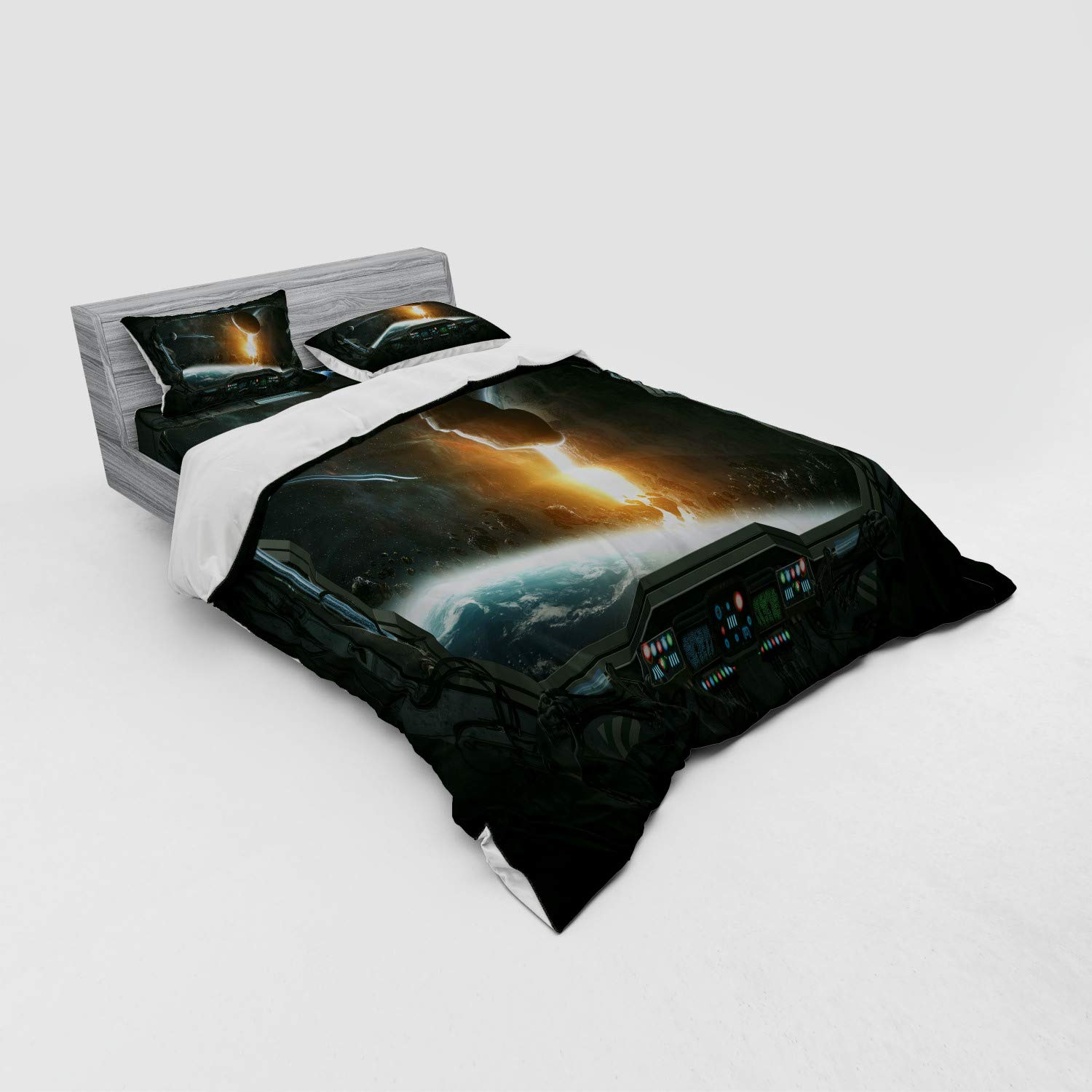 Ambesonne Outer Space Bedding Set - Queen Size 4-Piece Duvet Cover with Shams & Fitted Sheet, Grey Orange Galaxy Print, Planets & Astronaut Space Station Design | Perfect for Space-Themed Bedrooms, Kids Rooms & Sci-Fi Decor