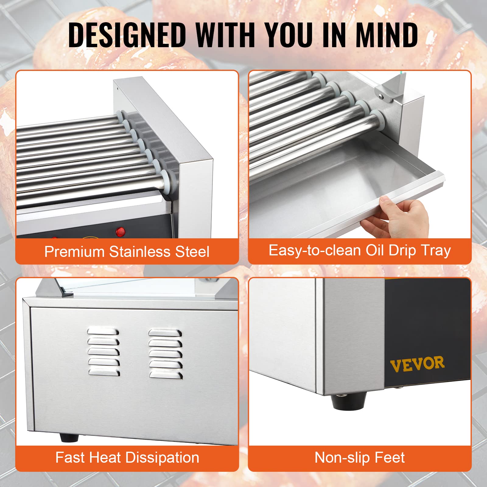 VEVOR 7-Roller Commercial Hot Dog Machine - 18 Hot Dogs Capacity, 1050W Stainless Steel Sausage Grill with Dual Temperature Control, Glass Hood & Bun Warmer - Perfect for Restaurants, Food Trucks, and Outdoor Events - ETL Certified