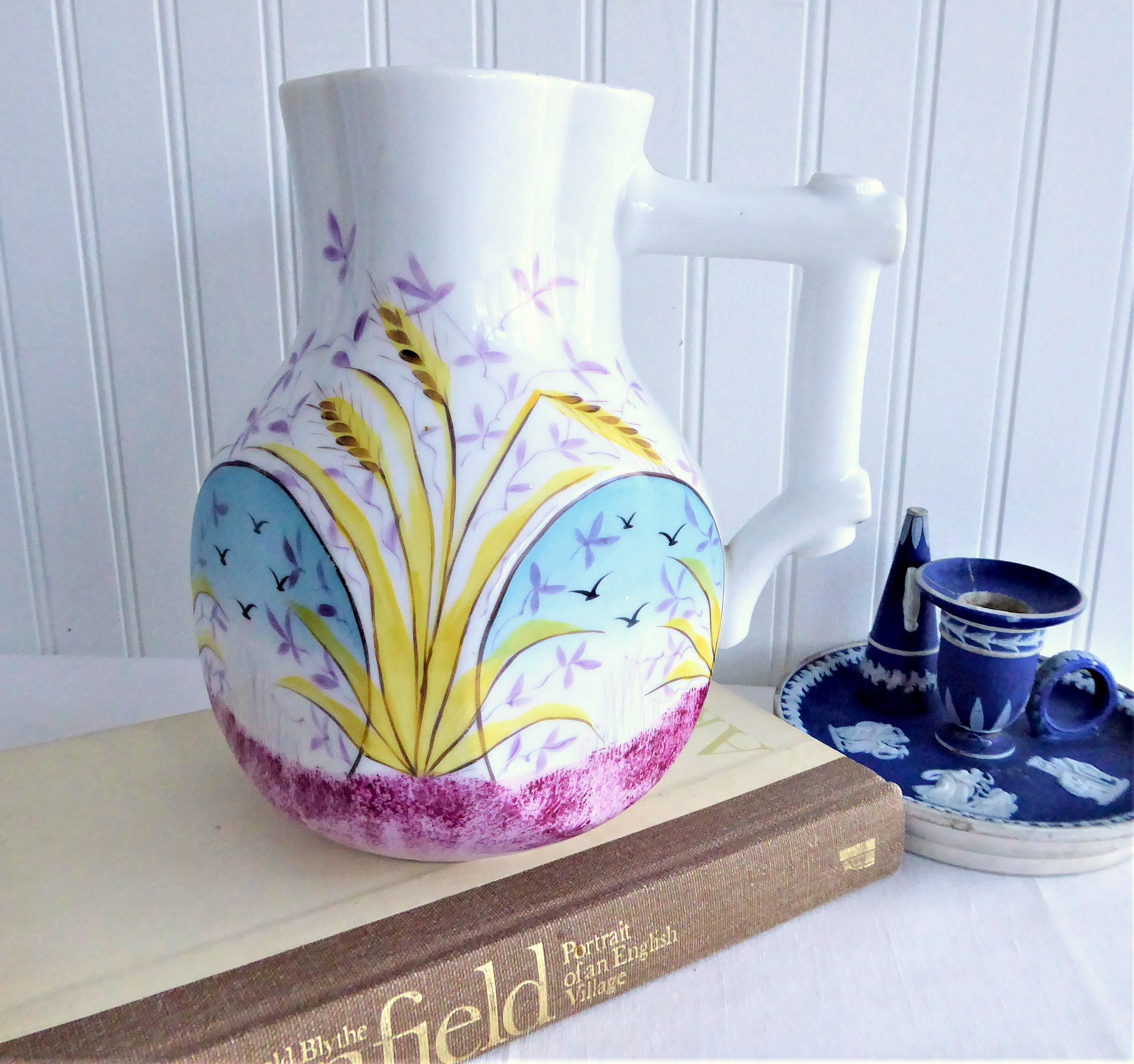 Antique English Victorian Floral Hand-Painted Jug Pitcher - Aesthetic Movement 1880s Ceramic Water Pitcher for Tea, Home Decor & Vintage Collectibles