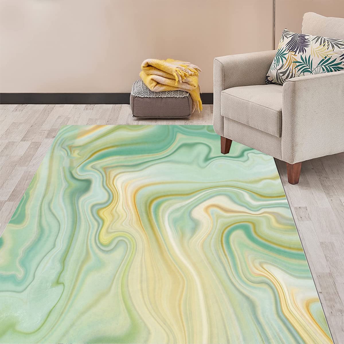 Modern Abstract Marble Swirl Area Rug 5x8 - Soft Boho Chic Green & Gold Washable Carpet for Living Room, Bedroom, Home Office, Dining Room, Kitchen & Laundry - Indoor Floor Mat & Runner for Cozy Home Decor