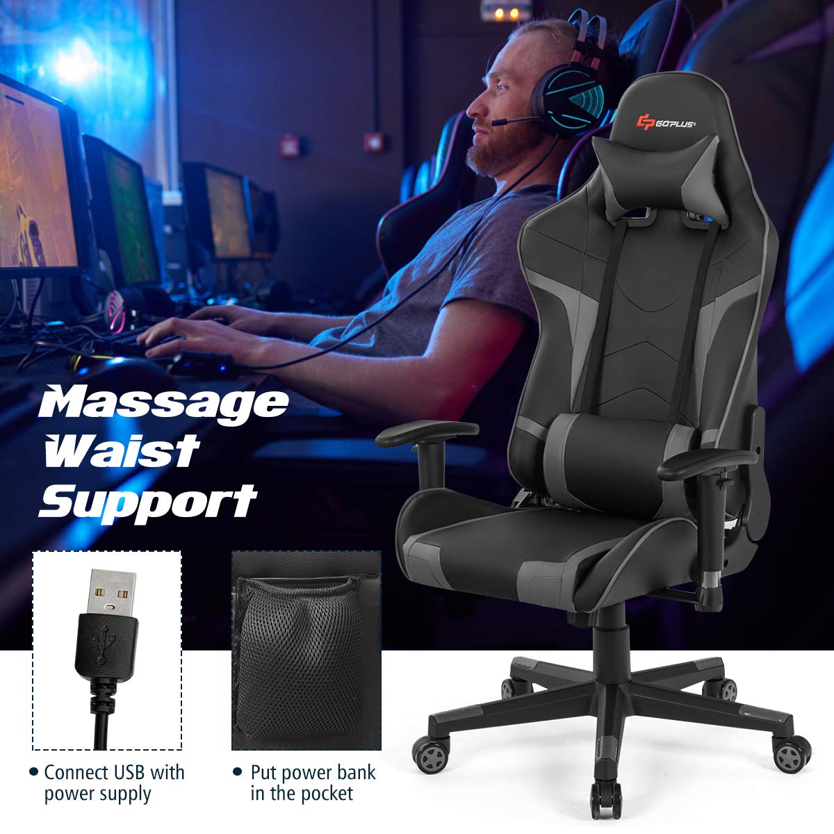 Ergonomic Gaming Chair with Massage - High Back PU Leather Office Computer Racing Chair, Adjustable Arms & Headrest, Reclining & Swivel for Home & Office Use - Perfect for Gaming, Work & Relaxation