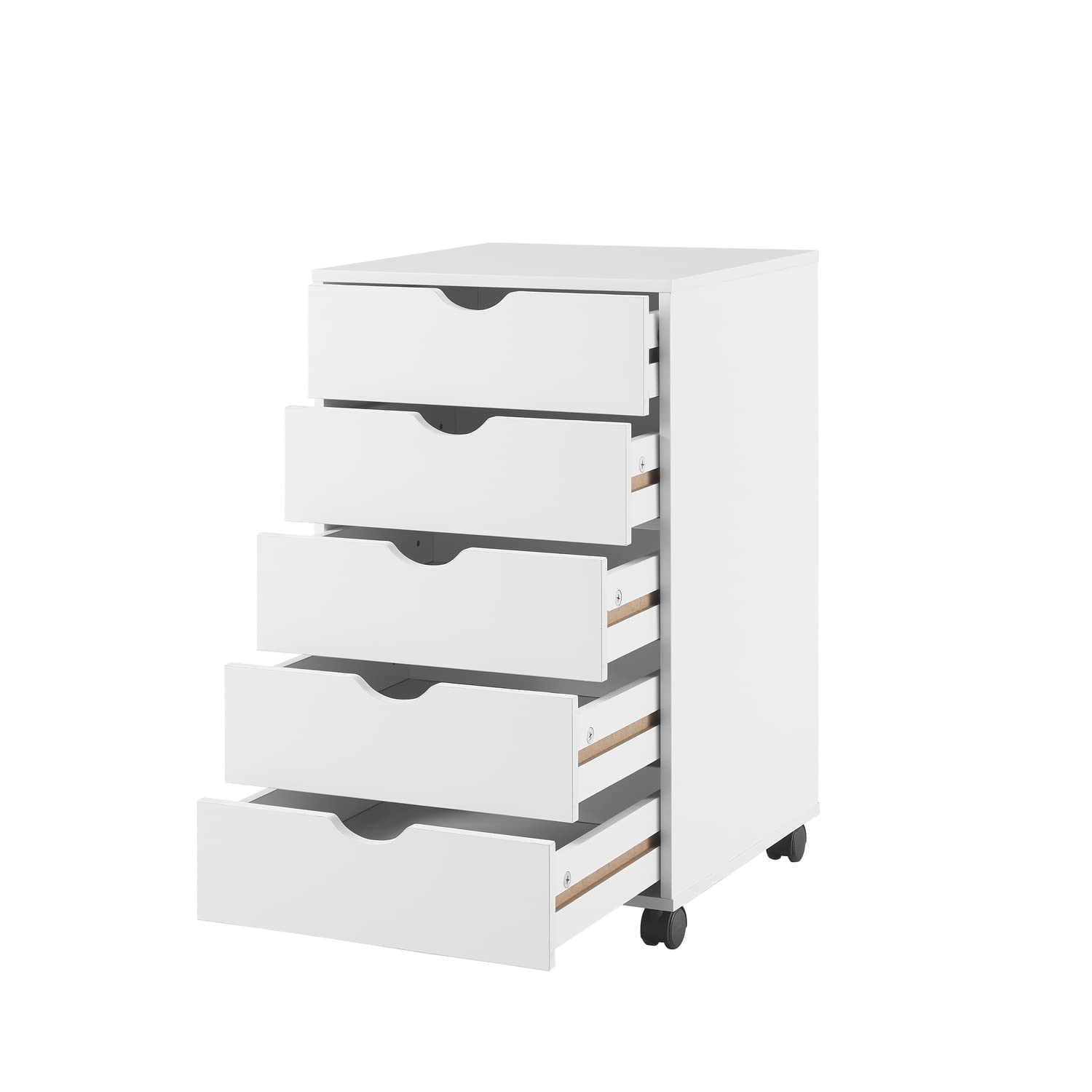 Naomi Home 5-Drawer Tall Dresser with Wheels - White, Stylish Bedroom Storage with Shelves, 180 lbs Capacity - Perfect for Closet Organization & Makeup Vanity