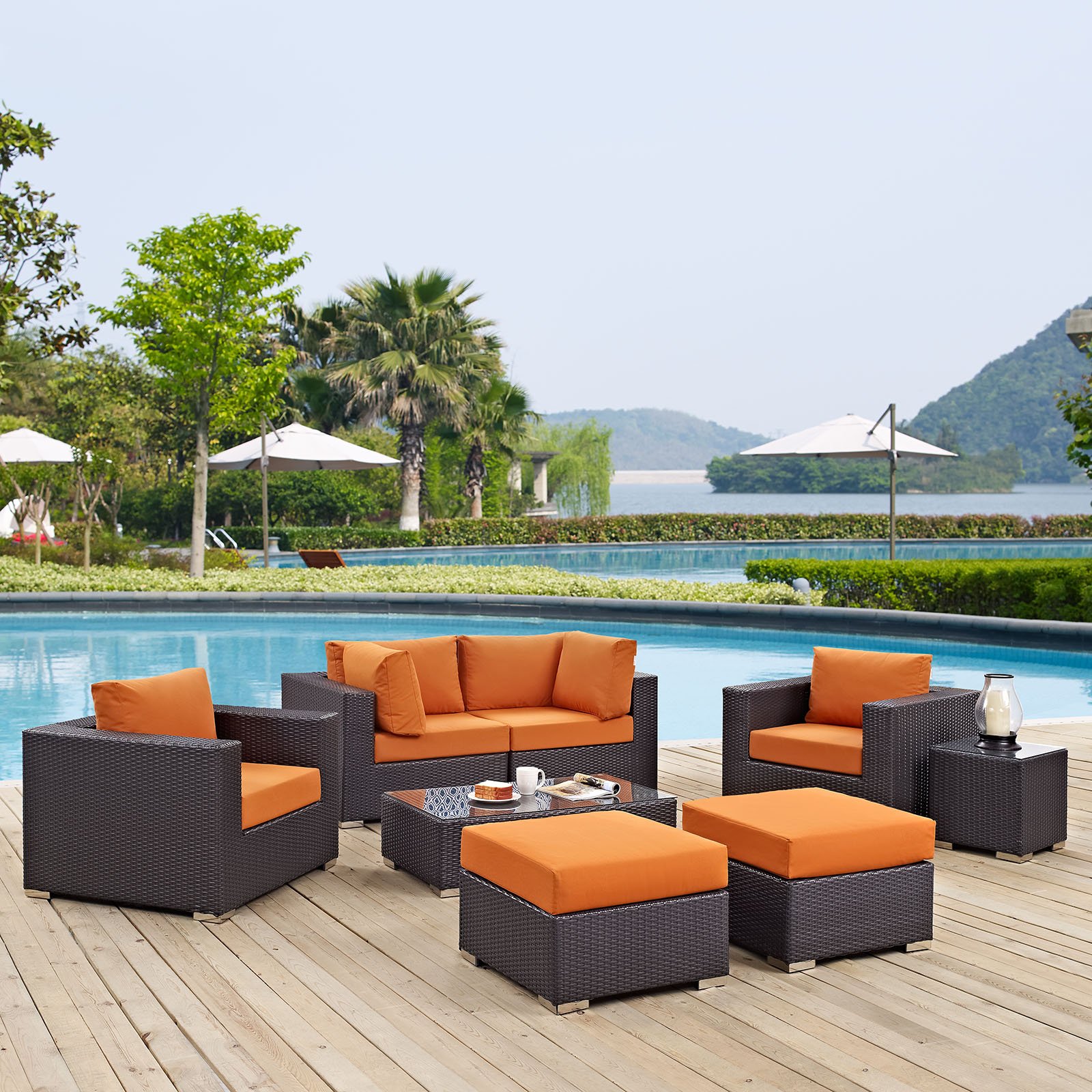 Modway Convene Collection 8-Piece Outdoor Patio Sectional Set - Espresso Brown Wicker Furniture with Cushions for Backyard, Garden & Poolside Relaxation