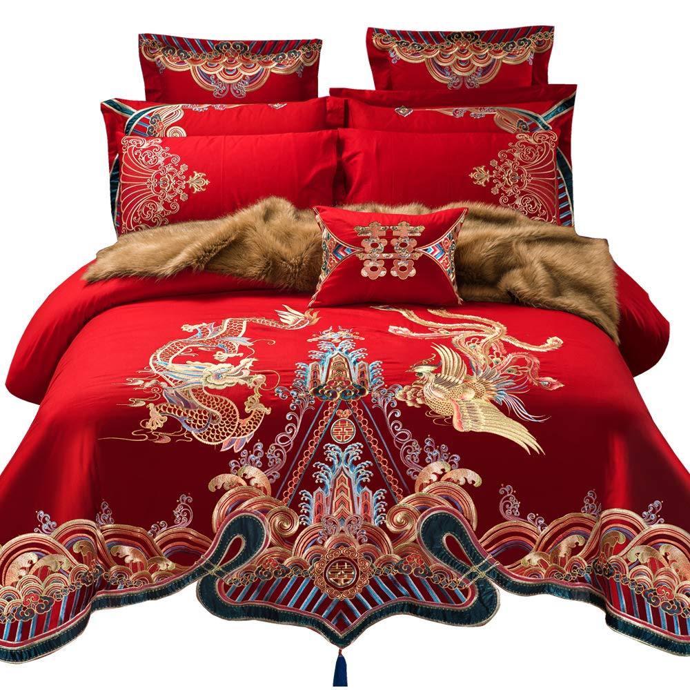 Luxury Chinese Wedding Red Bedding Set - Double Happiness Dragon Phoenix Embroidery 100% Cotton Queen Size 6-Piece Duvet Cover Set for Romantic Bedroom Decor & Traditional Ceremonies
