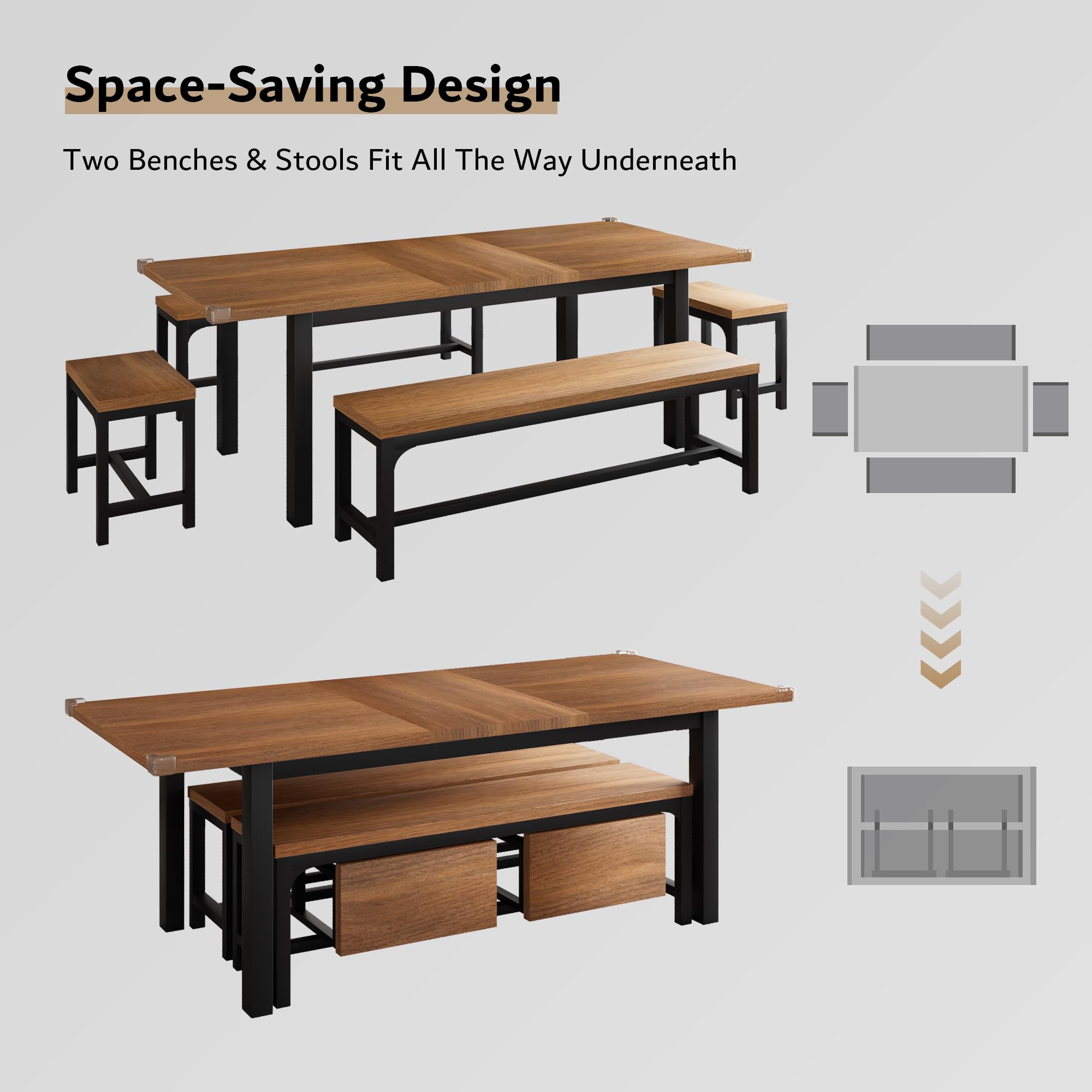 iPormis 5-Piece Extendable Dining Table Set with 2 Benches & 2 Stools - Mid-Century Modern Kitchen Table for 4-8 People, Space-Saving Walnut Design with Metal Frame & MDF Board - Perfect for Small Apartments, Breakfast Nooks and Family Gatherings