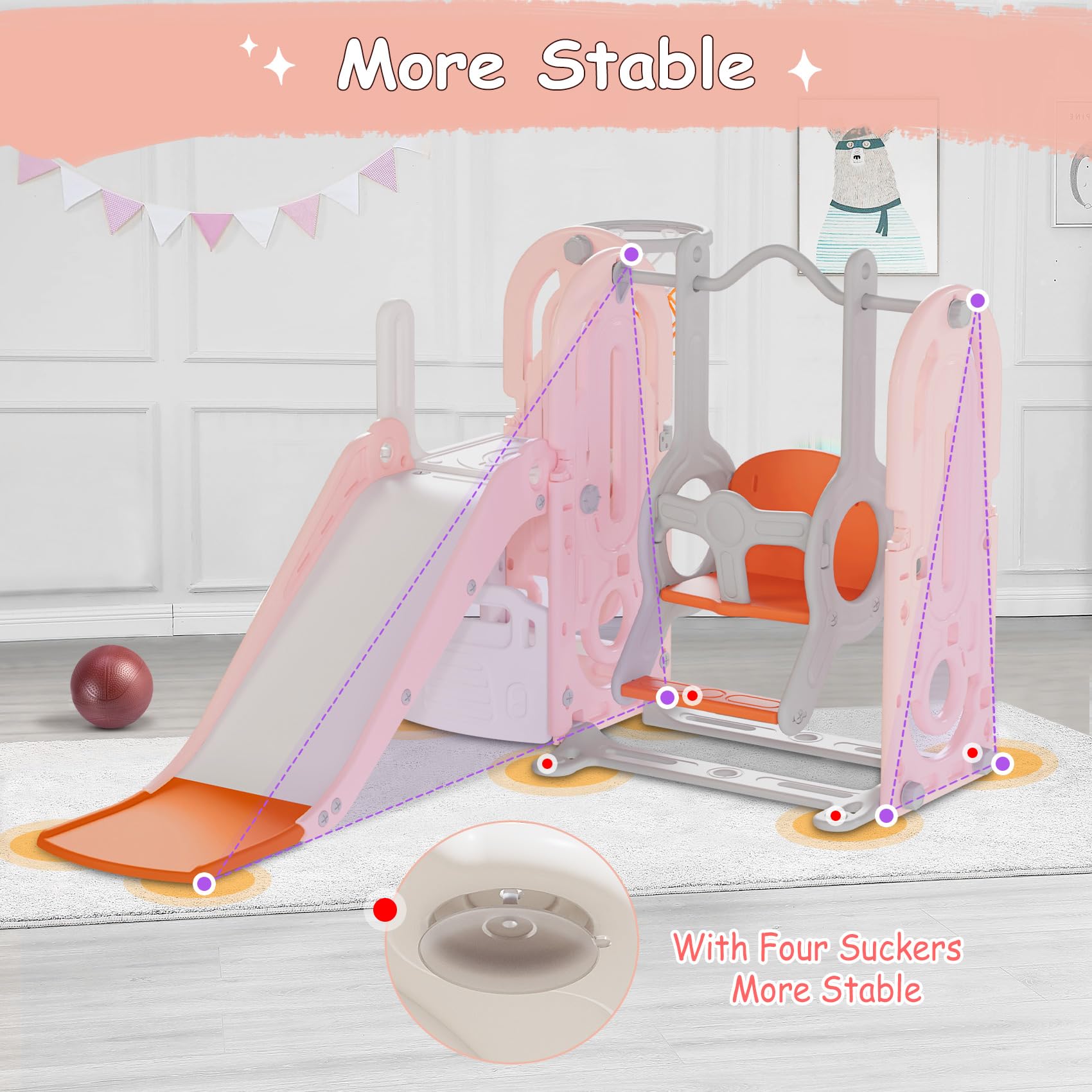 BIERUM 5-in-1 Toddler Slide and Swing Set with Basketball Hoop - Indoor/Outdoor Playground for Kids Ages 1-3 (Pink & Orange) - Perfect for Backyard, Playroom, and Preschool Activities
