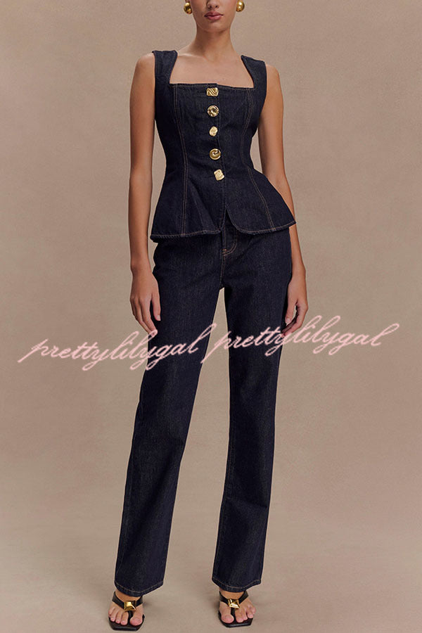 Stylish Stassi Denim Vest Top with Square Neck & Princess Seams - Button Up Fashion for Women | Perfect for Casual Outfits, Layering & Streetwear Looks