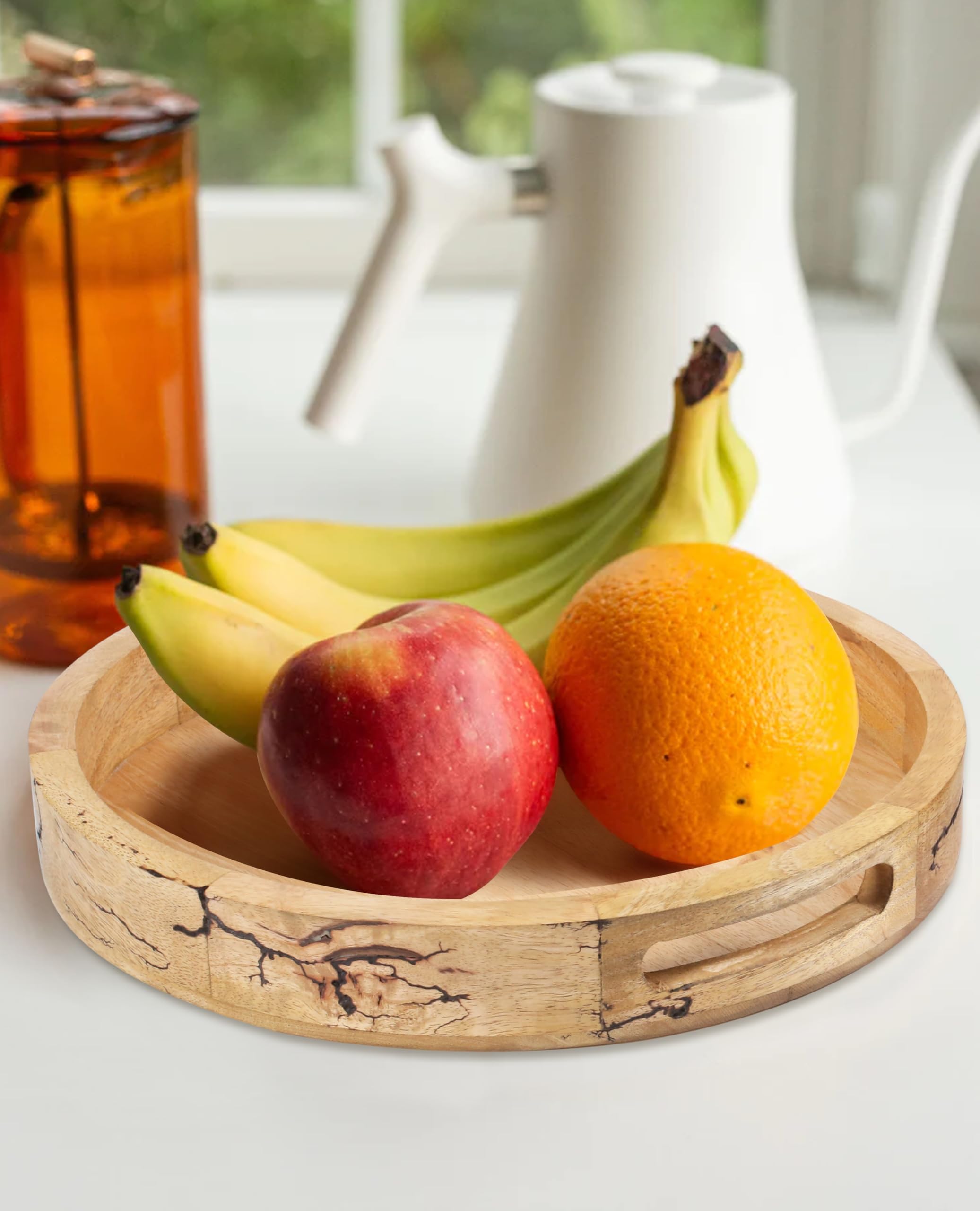 Premium Wooden Round Serving Tray Set of 2 - Decorative Coffee Table Tray for Living Room, Ottoman & Side Tables | Charcuterie Board & Cheese Platter | Countertop Fruit Basket | Perfect for Entertaining, Dining & Home Decor