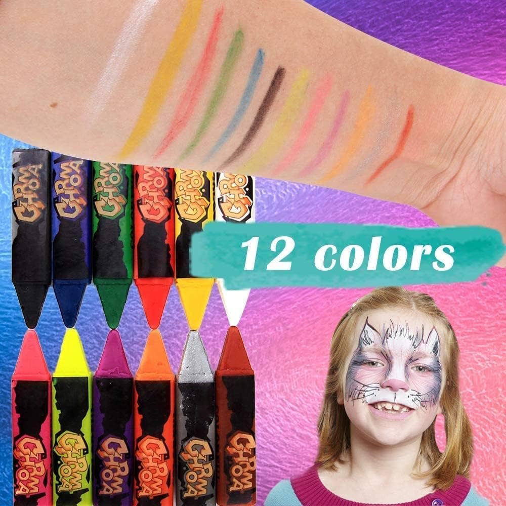 Non-Toxic GS Body Paint Crayons - 12 Pack Washable Face & Body Painting Kit for Halloween, Costume Parties & Festivals | Safe for Kids & Adults | Perfect for Face Painting, Cosplay & Creative Makeup