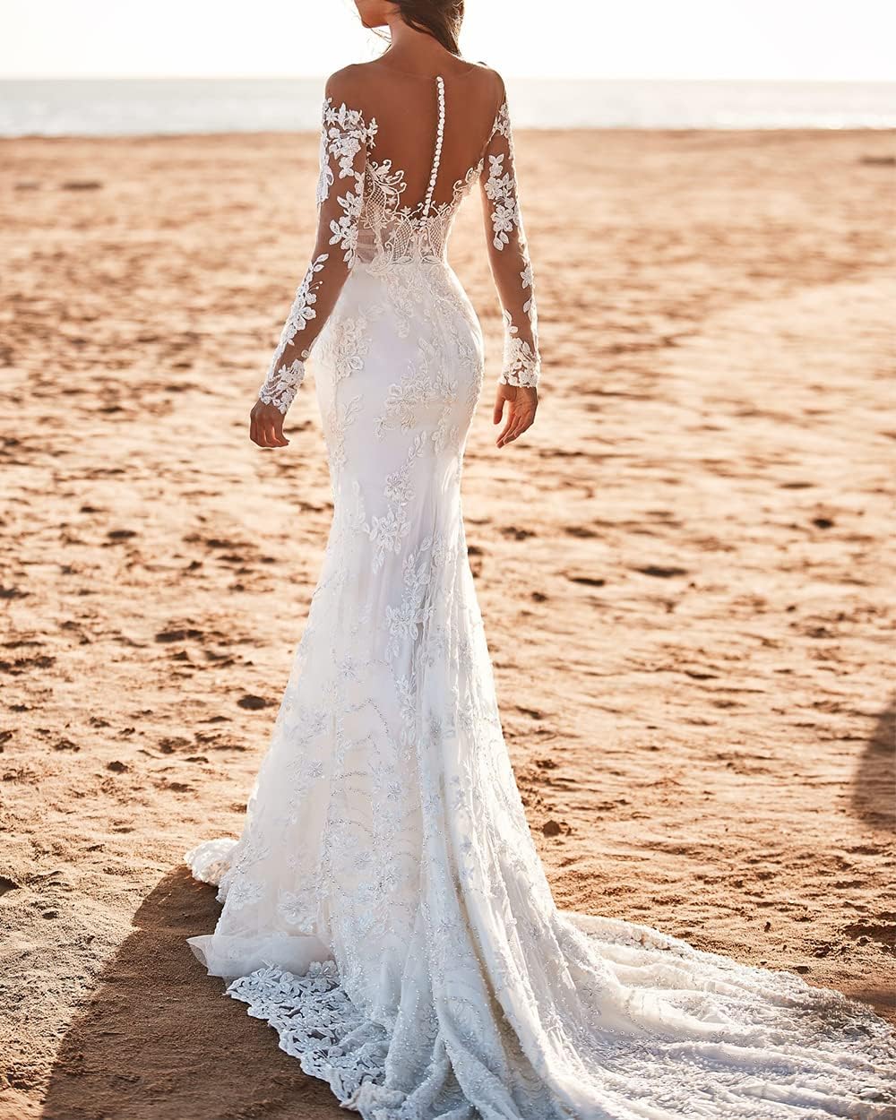 Elegant 2024 Women's Lace Mermaid Wedding Dress with Applique Tulle - Boho Beach Bridal Gown for Bride | Perfect for Beach Weddings, Destination Elopements & Romantic Ceremonies