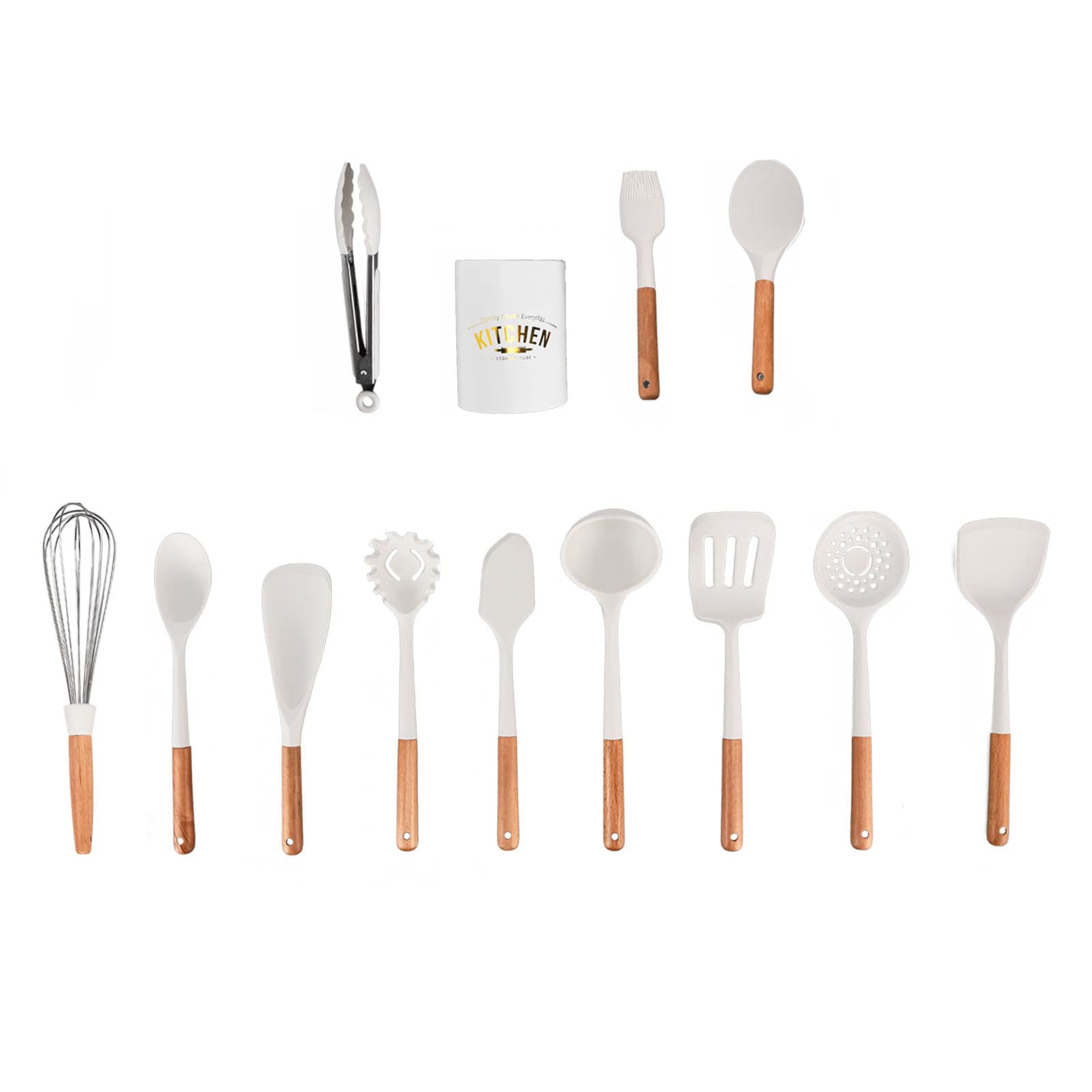 12Pcs Non-Stick Silicone Cooking Utensils Set with Wooden Handle & Holder - Perfect for Baking, Frying, and Everyday Kitchen Tasks