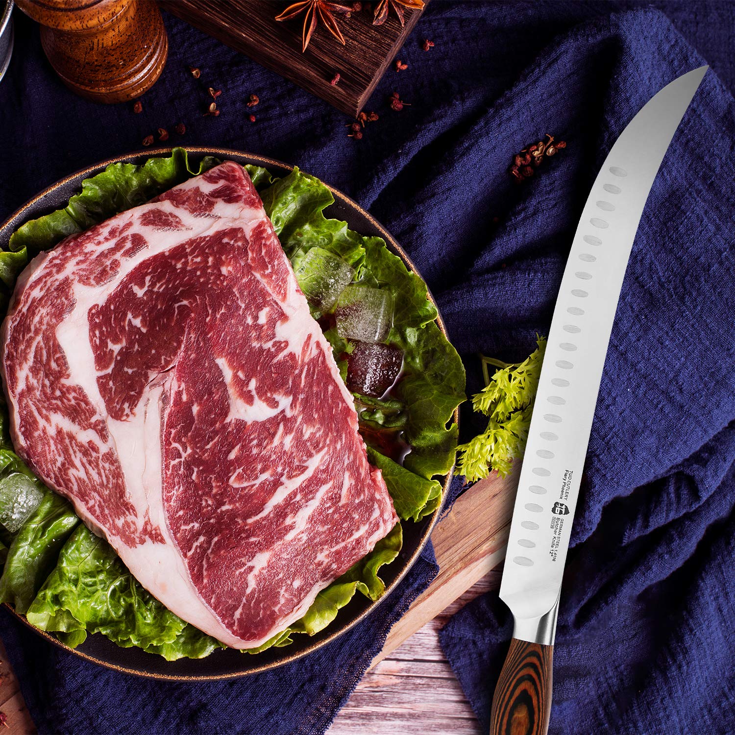 TUO 12-Inch Butcher Knife - German High Carbon Steel with Granton Edge for Effortless Meat Slicing - Curved Blade for Breaking, Carving & Chopping - Ergonomic Pakkawood Handle - Includes Gift Box (Perfect for BBQ, Butcher Shops & Home Kitchen Use)