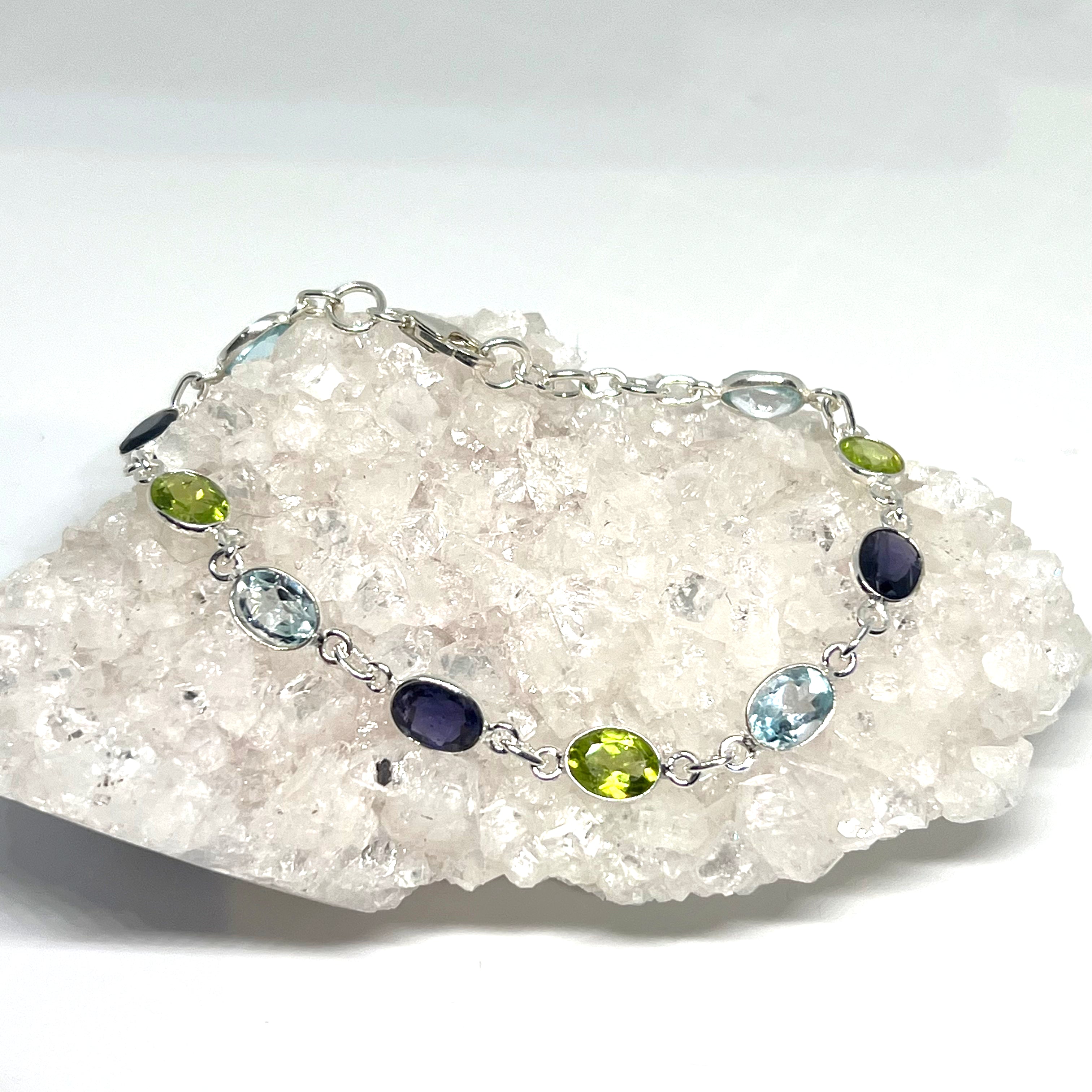 925 Sterling Silver Blue Topaz Peridot Iolite Faceted Gemstone Beaded Bracelet for Women - Elegant Jewelry Gift for Birthday, Anniversary & Special Occasions