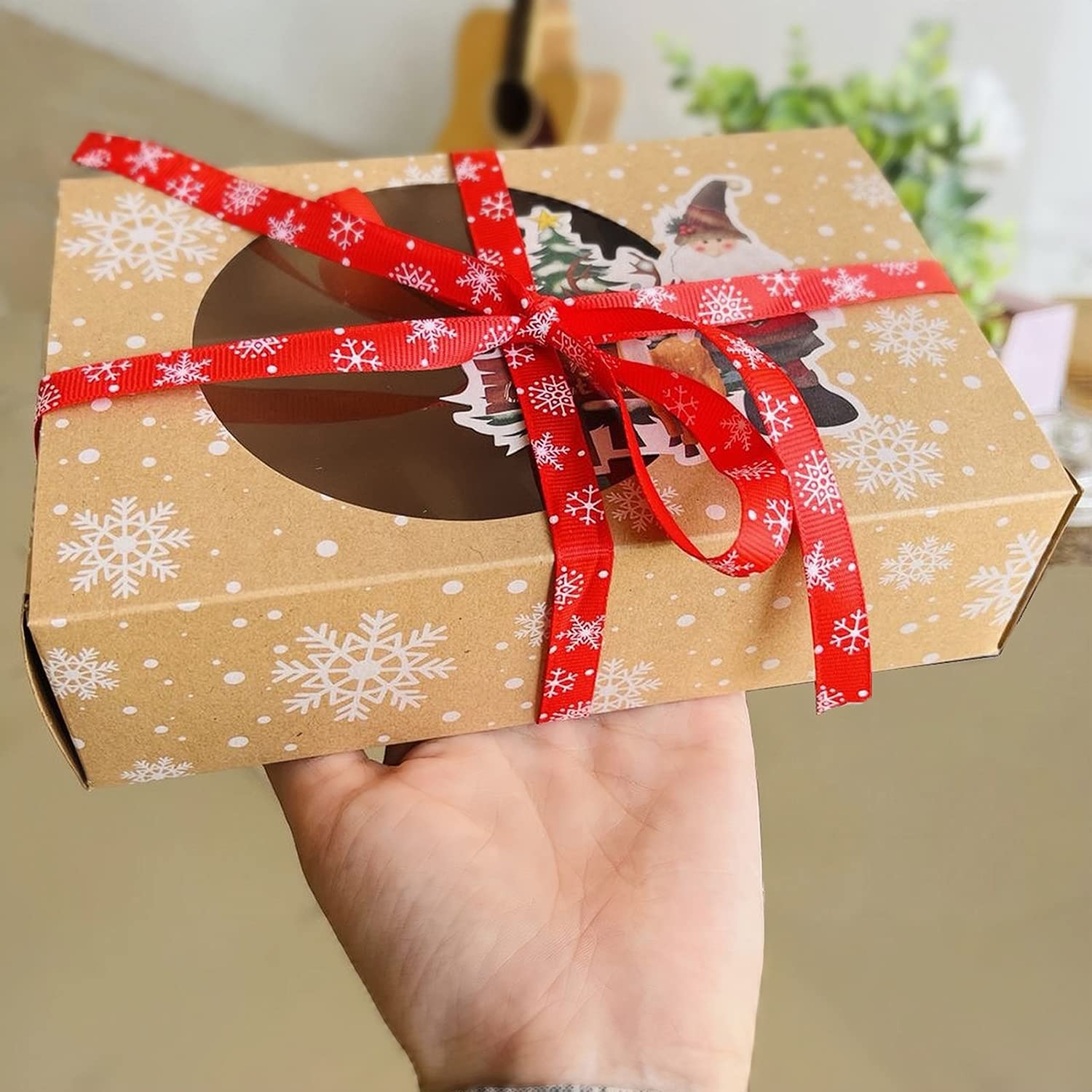 12 Pack Christmas Cookie Boxes with Window - Food Grade Kraft Bakery Treat Boxes with Oil Paper & Ribbons - Holiday Cupcake Gift Boxes for Christmas Party Favors, Baking Treats & Cookie Storage