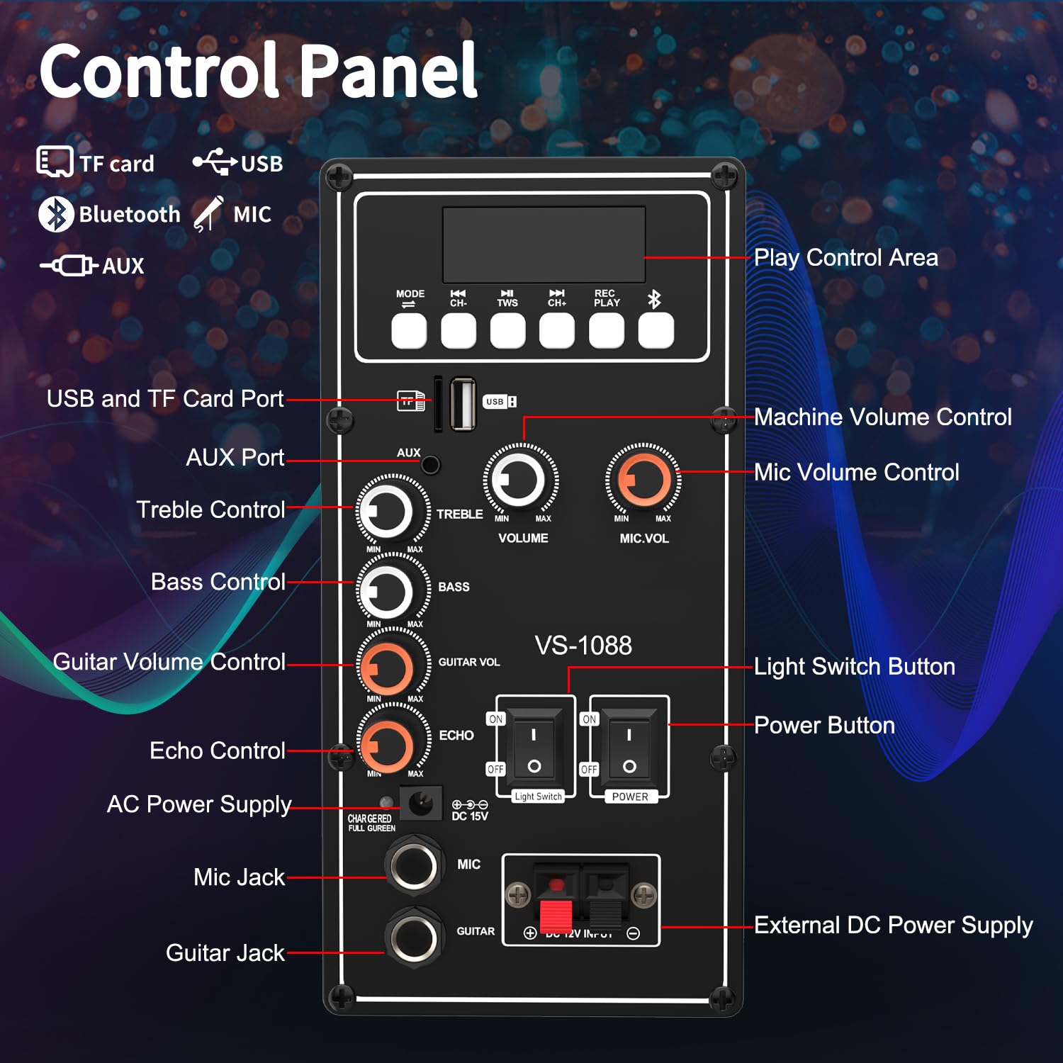 VeGue VS-1088 Karaoke Machine with Bluetooth, 2 Wireless Mics & 10