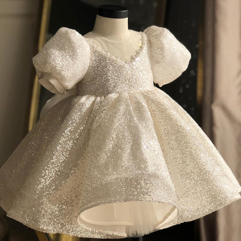 Princess Sequined Flower Girl Dress with Bow - Tea Length, Short Lantern Sleeves for Weddings, Baptisms & Special Occasions
