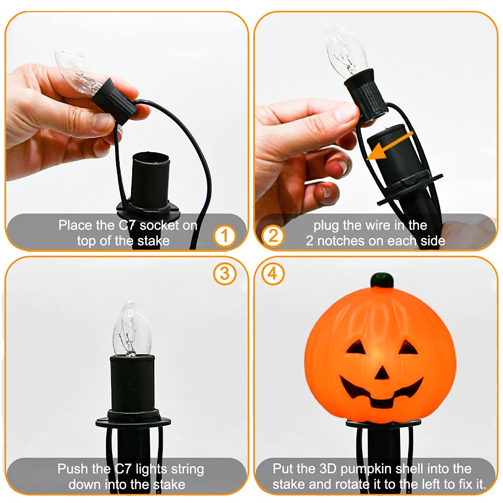 7Ft Connectable C7 Halloween Pumpkin Pathway Lights - Outdoor String Lights with 4 Pumpkin Stakes for Garden, Walkway, Yard, Driveway & Lawn Decor | Perfect for Halloween Party, Trick-or-Treating & Spooky Outdoor Lighting