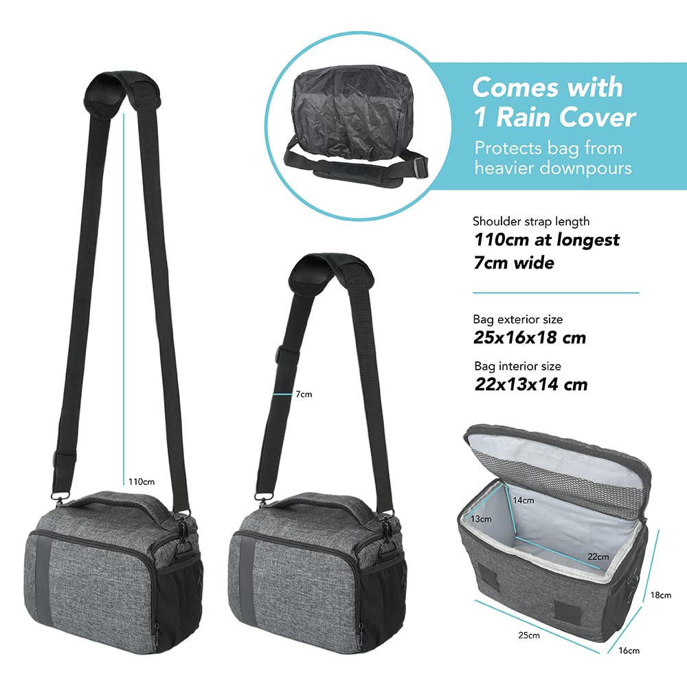 Foto&Tech Medium Gray Camera Bag with Padded Strap & Rain Cover - Waterproof DSLR Camera Case for Compact Mirrorless Cameras, Lenses & Accessories | Perfect for Travel, Hiking & Outdoor Photography
