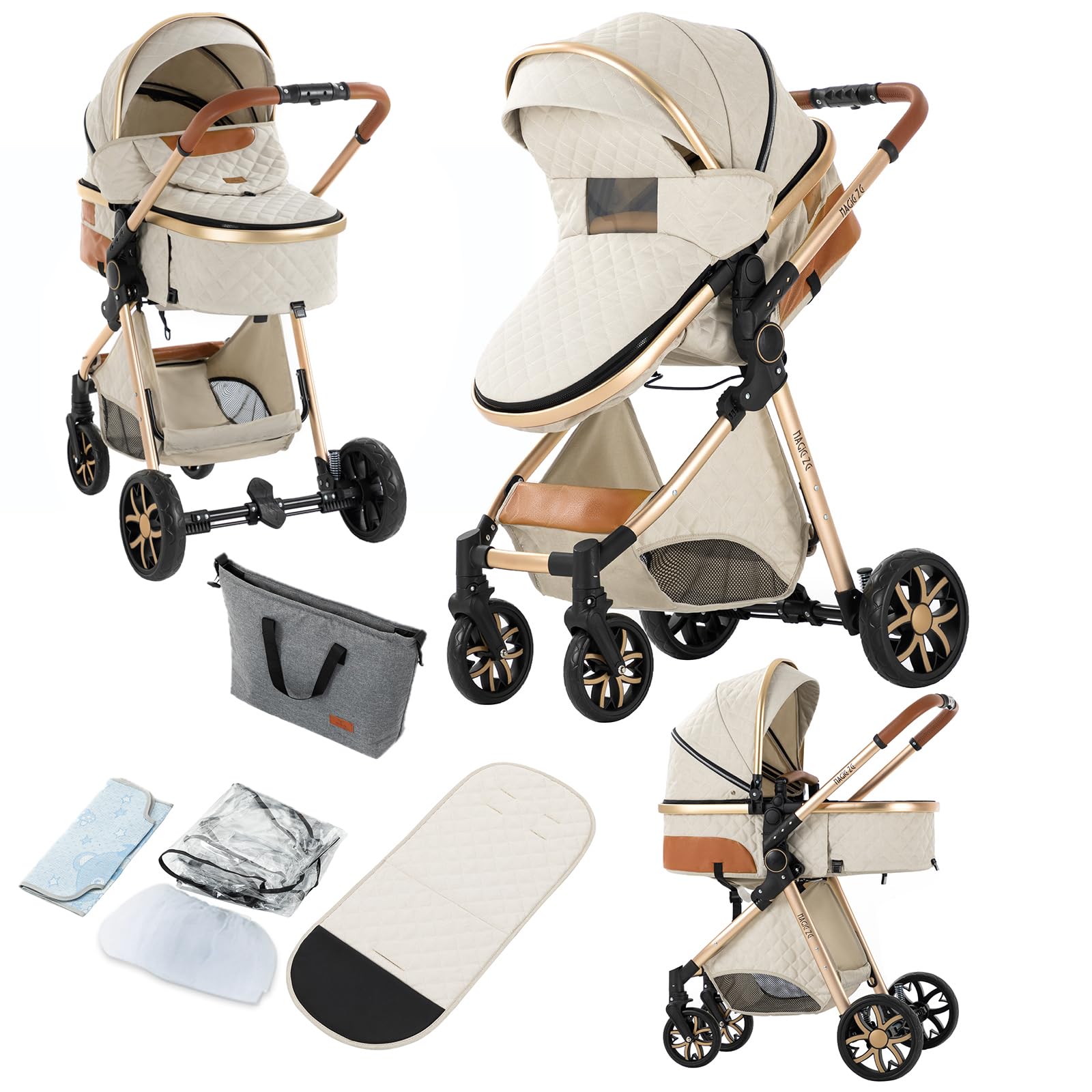 2 in 1 Baby Stroller with Bassinet | Convertible Pram & Reversible Standard Stroller | Portable Foldable Travel Buggy for Newborn & Toddler | Lightweight Infant Carriage with High Landscape View | Perfect for Park Walks, Shopping & Travel (White)