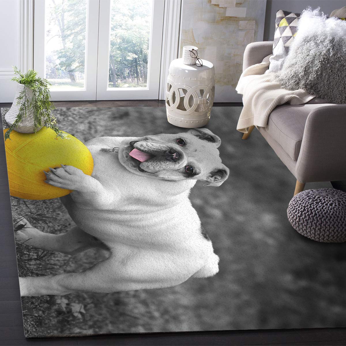 French Bulldog Yellow Ball Grey Background Washable Area Runner Rug 3'x5' - Non-Slip Indoor Outdoor Carpet for Kitchen, Living Room, Bathroom, Bedroom, Classroom & Laundry Room - Perfect as Doormat, Welcome Mat or Desk Floor Mat