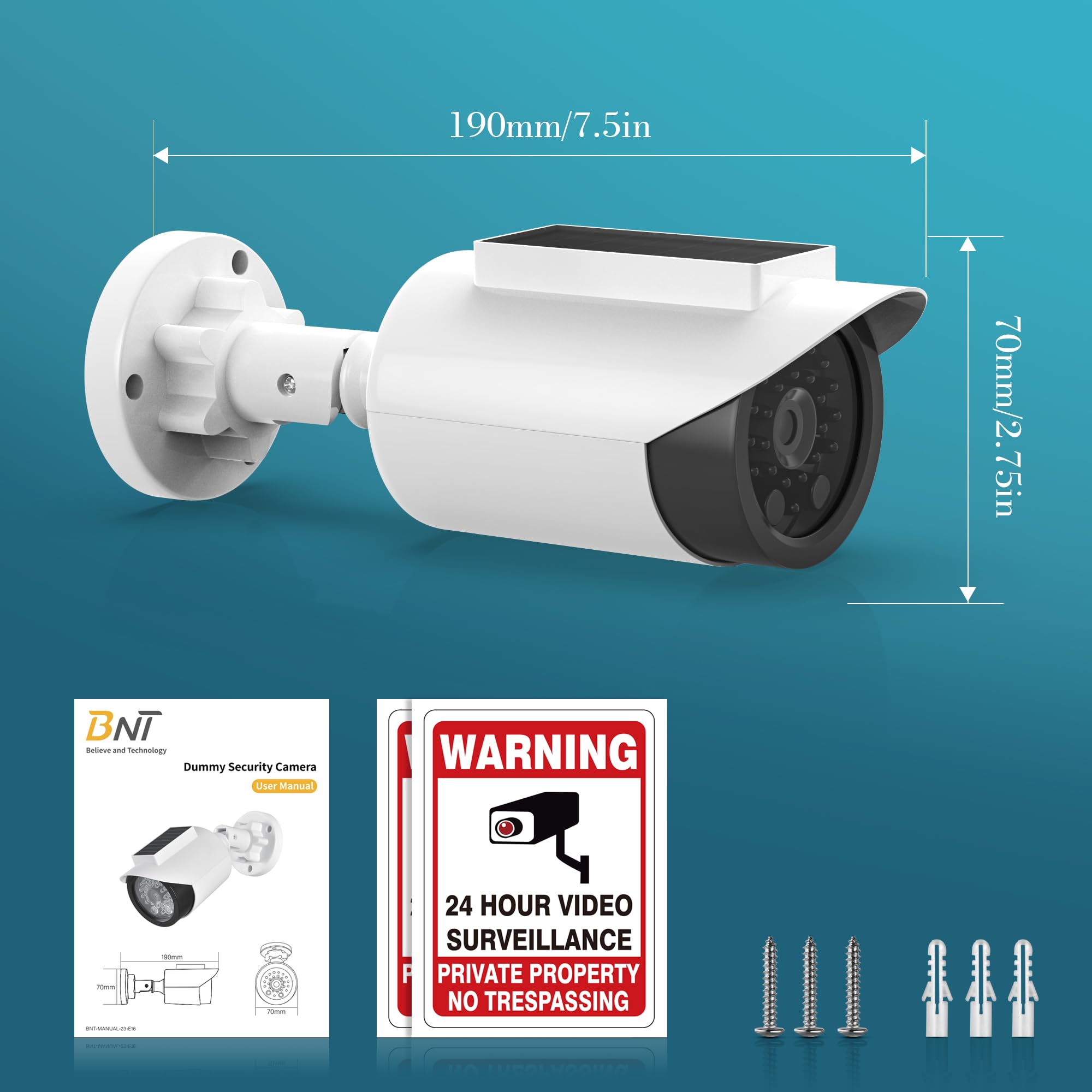BNT Solar Powered Fake Security Camera - Bullet Style Dummy Surveillance Camera with Red LED Light for Night, Includes Warning Stickers - Outdoor Home Security Deterrent (4-Pack, White, Battery Not Included) - Perfect for Garage, Yard & Apartment Safety