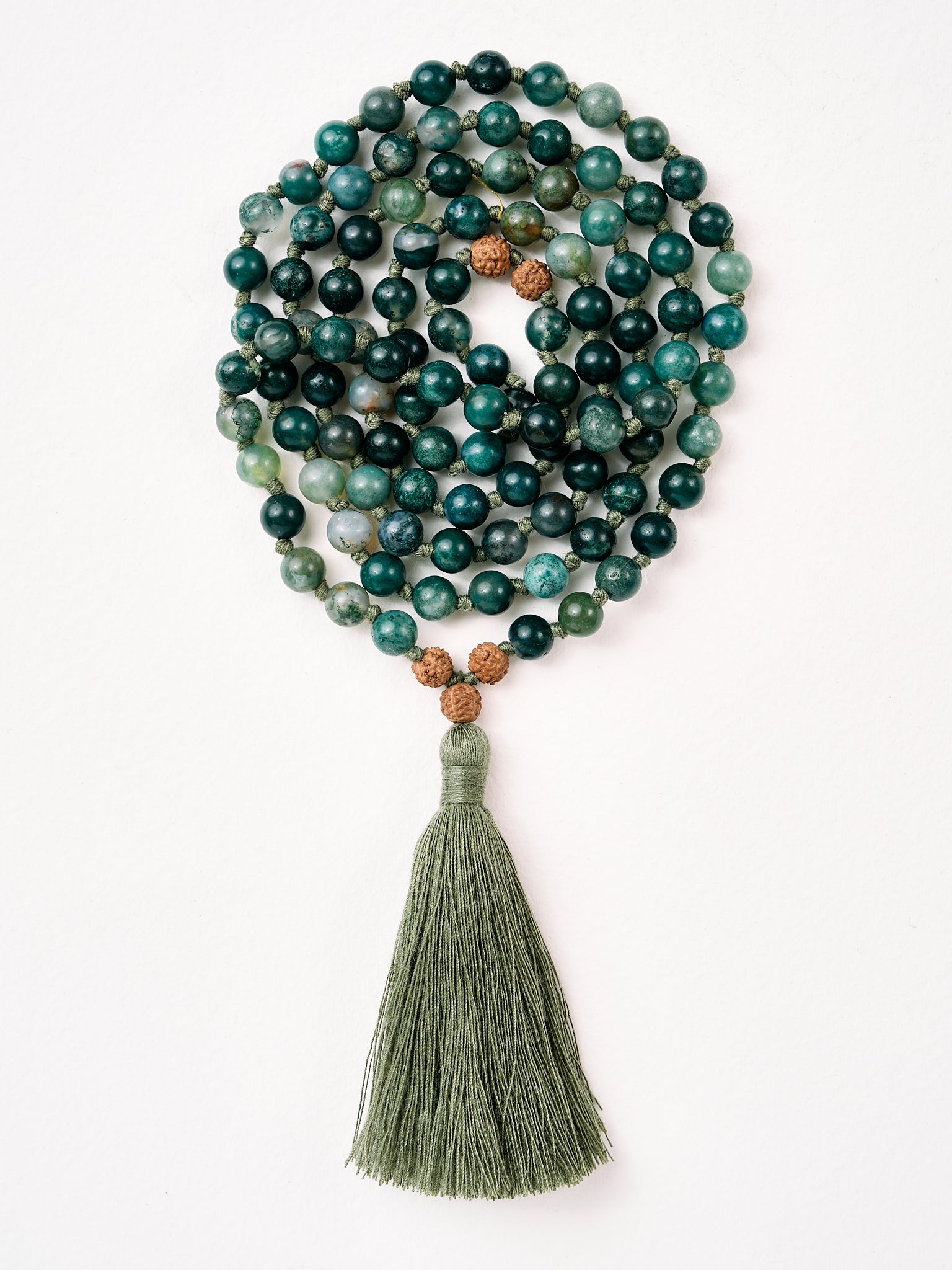Green Moss Agate Mala Bead Necklace - Buddhist Meditation Prayer Beads for Yoga, Mindfulness & Spiritual Healing