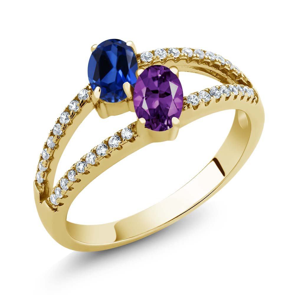 1.26 Ct Lab-Created Sapphire & Amethyst 18K Yellow Gold Plated Silver Ring for Women | Elegant Two-Stone Jewelry for Engagement, Wedding & Special Occasions