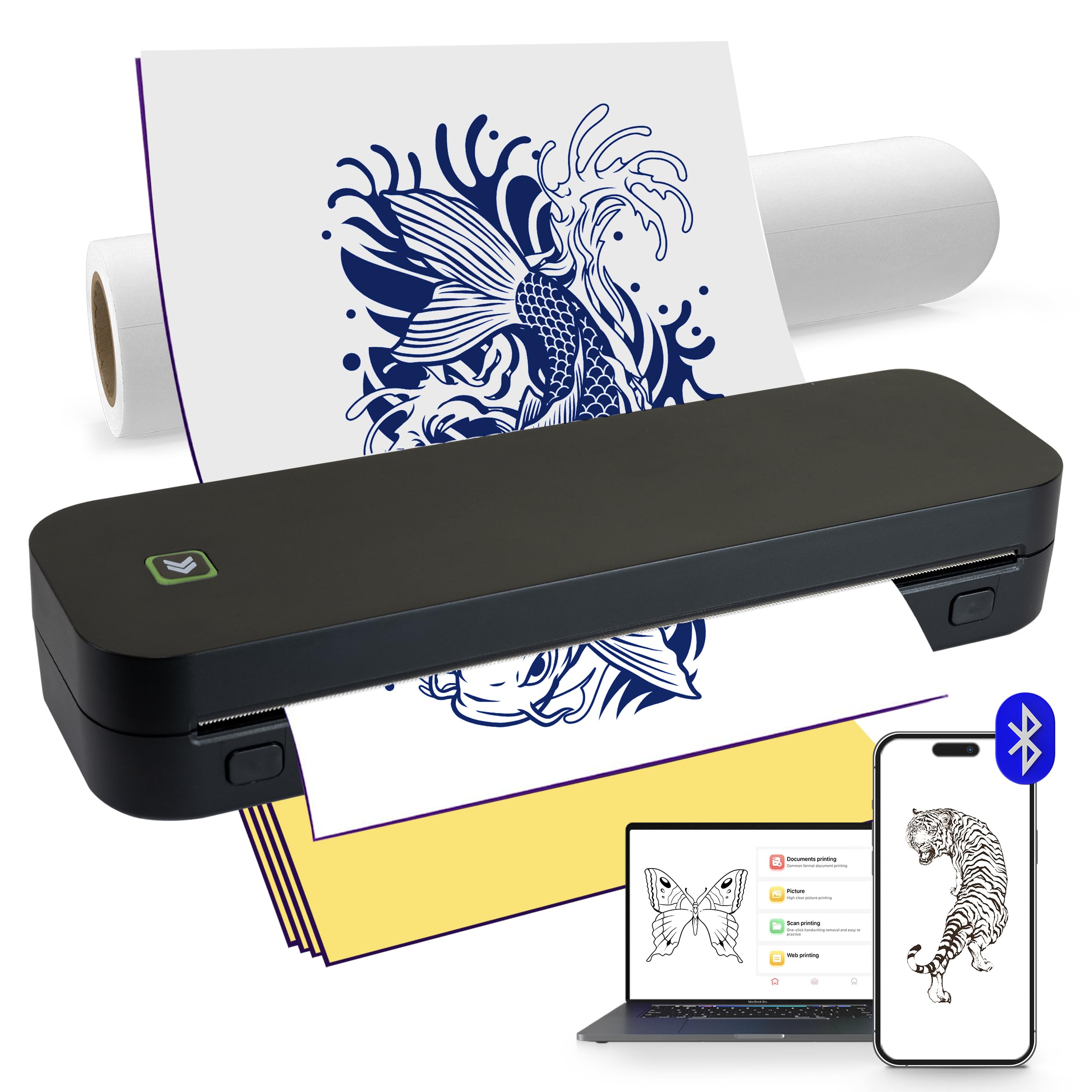 Bluetooth Thermal Tattoo Stencil Printer Machine - Wireless Tattoo Transfer Printer for iOS/Android & PC - Includes 10pcs Black Transfer Paper - Perfect for Professional Tattoo Artists & Home Studios