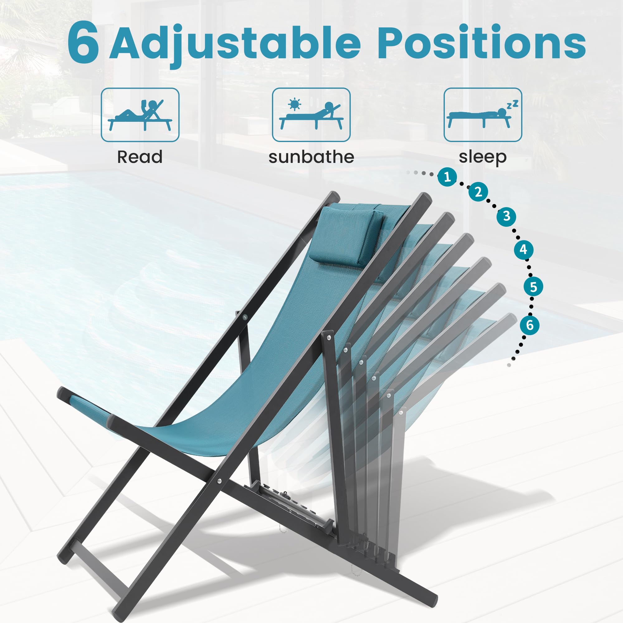 2 Pack UV-Resistant Waterproof Outdoor Patio Sling Chairs - Lightweight Foldable Aluminum Frame - Perfect for Backyard, Poolside, Beach & Garden Relaxation - Blue
