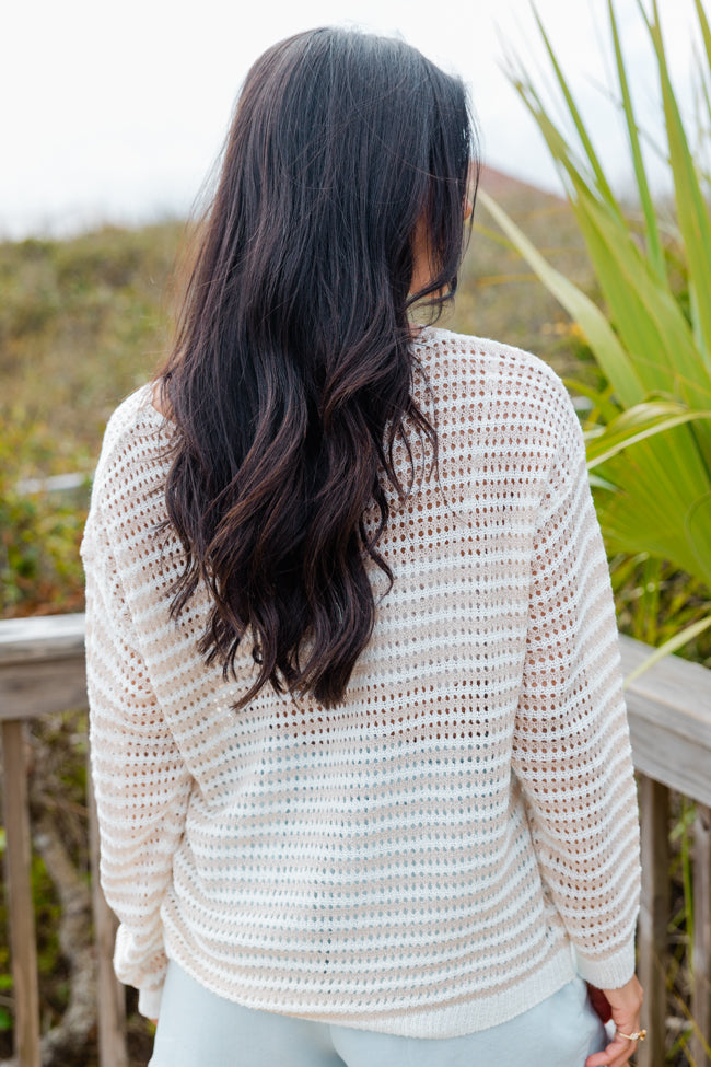 On The Coast Ivory and Beige Striped Boatneck Sweater for Women - Soft Knit Pullover Top - Casual Beachwear & Fall Layering Essential