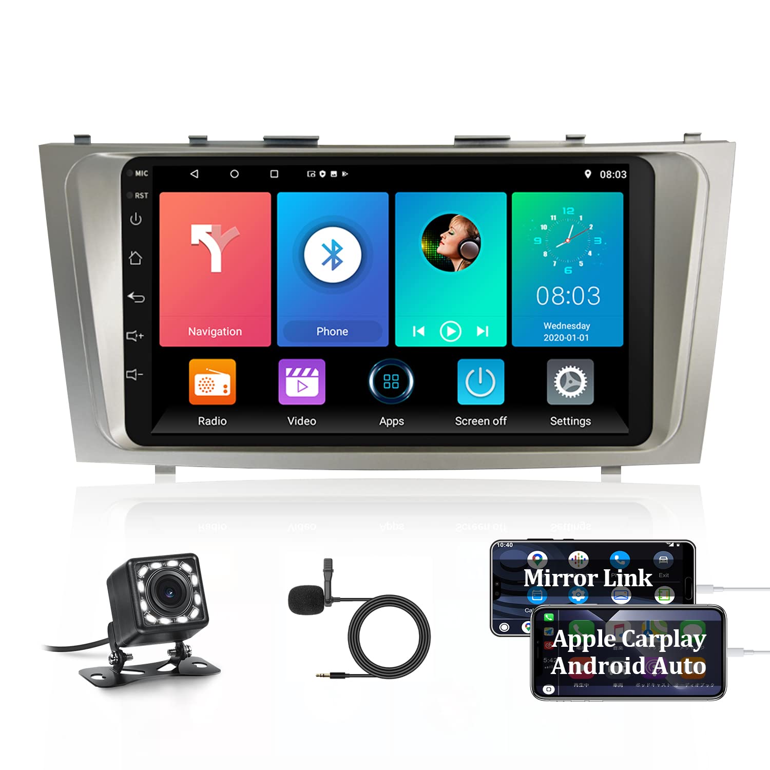 9 Inch Android 11 Car Stereo for Toyota Camry 2008-2011 - 2.5D Touchscreen Multimedia Player with Apple CarPlay, Android Auto, GPS, Bluetooth, WiFi, Mirror Link + Rearview Camera & Microphone | Perfect for Upgrading Your Car's Entertainment System & Safe Driving