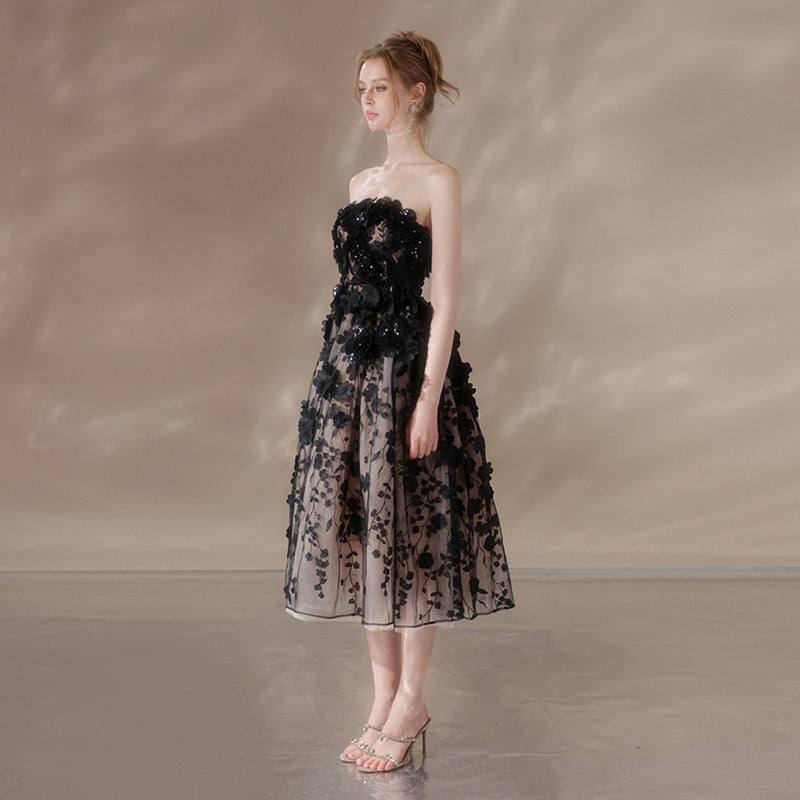 Anna Crystal Floral Embroidery Midi Dress in Black - Elegant Party & Wedding Guest Dress for Women