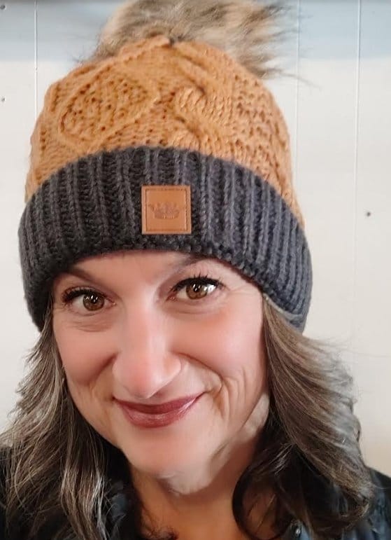 Panache Camel & Dark Grey Cable Knit Pom Beanie - Winter Warm Knitted Hat for Women & Men - Perfect for Skiing, Snowboarding & Cold Weather Fashion