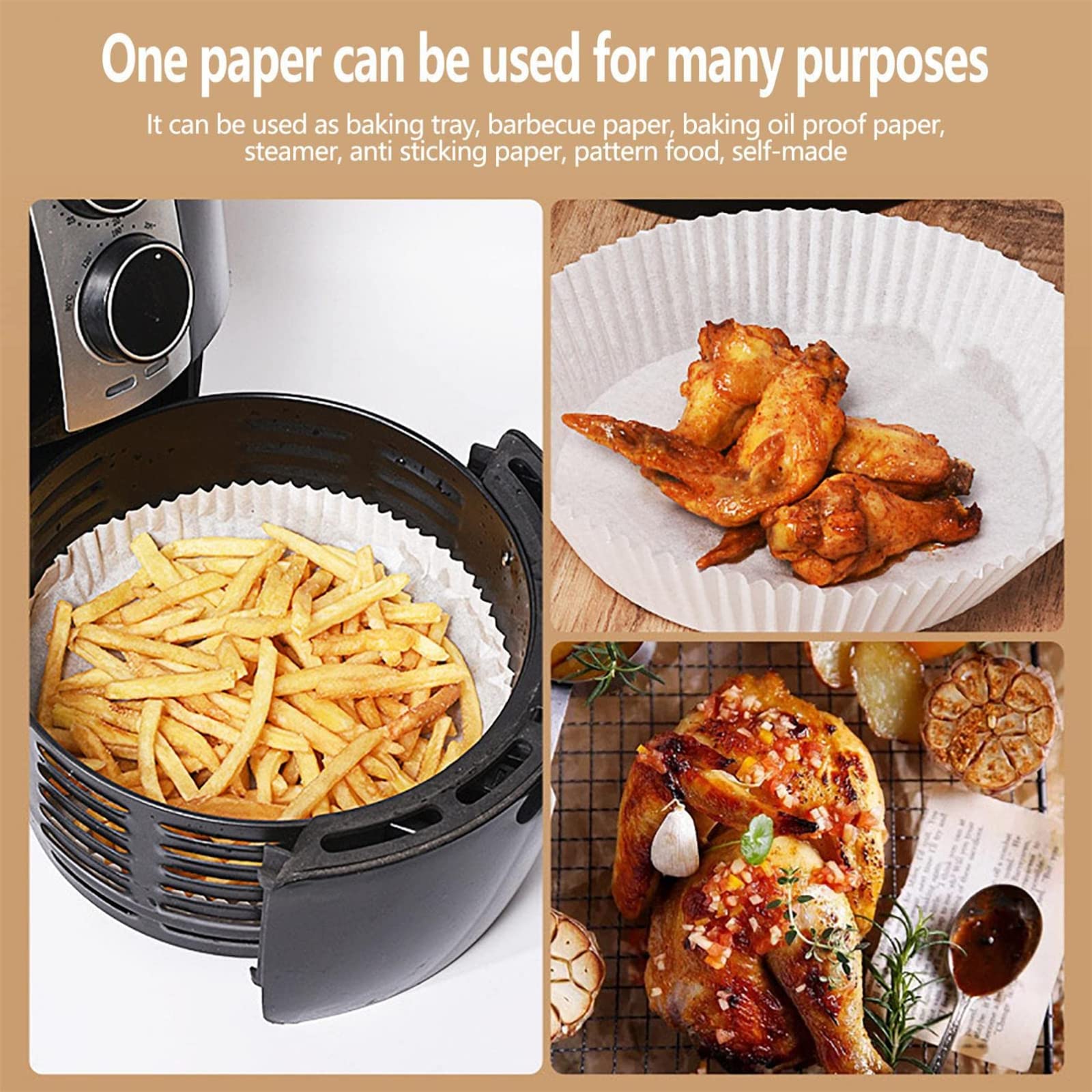 50PCS Disposable Air Fryer Paper Liners - Waterproof, Non-Stick & Heat Resistant Baking Mats for Oven, Microwave, Steamer & Deep Fryer | Perfect for Healthy Cooking, Meal Prep & Easy Cleanup (7.87inch, White)