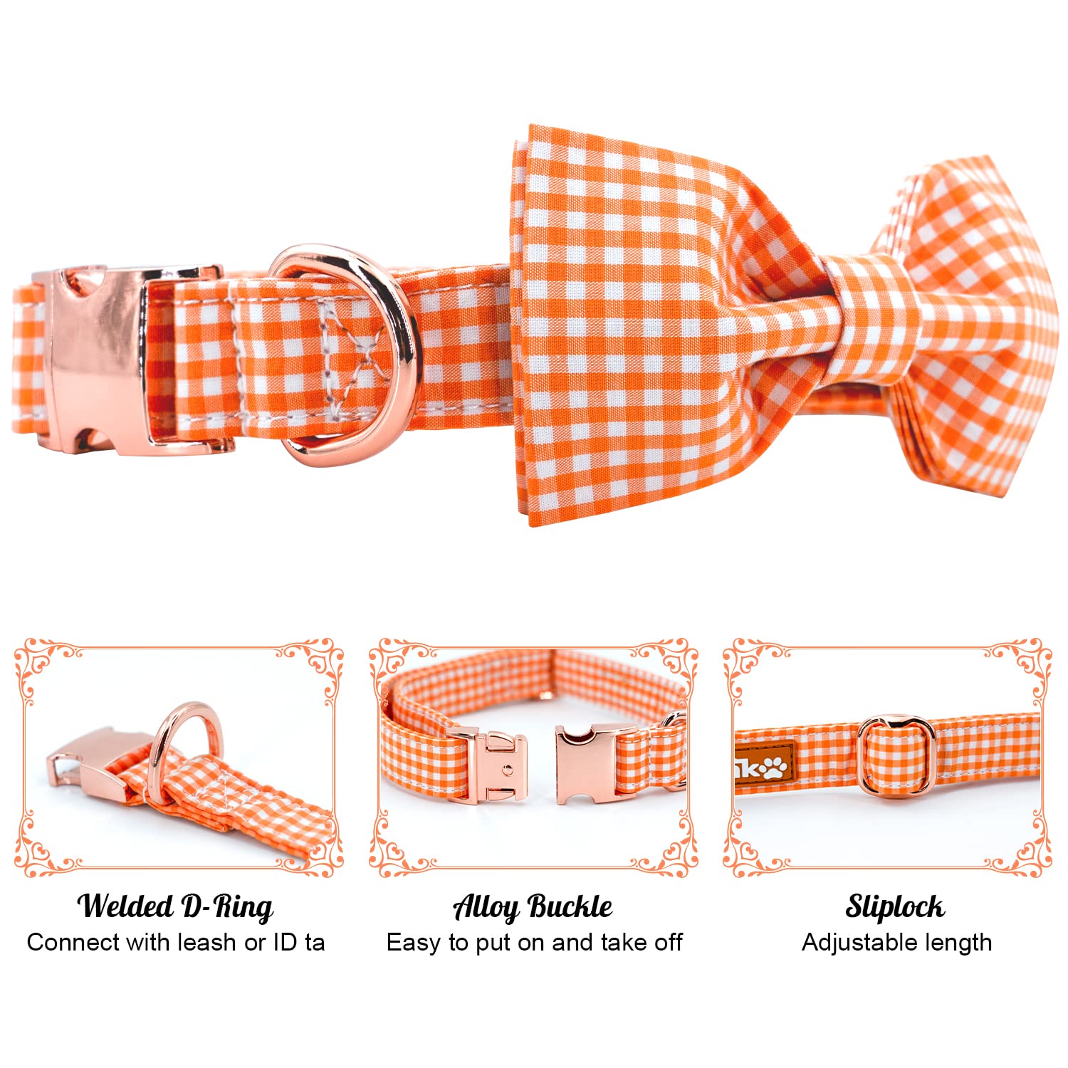 Elegant Plaid Dog Collar with Bow Tie - Soft Comfy Cotton Adjustable Pet Collar for Small Medium Large Puppy & Cat - Premium Metal Buckle for Outdoor Training, Walking, Running (Orange Grid, Medium) - Perfect for Daily Walks, Pet Parties & Photo Shoots