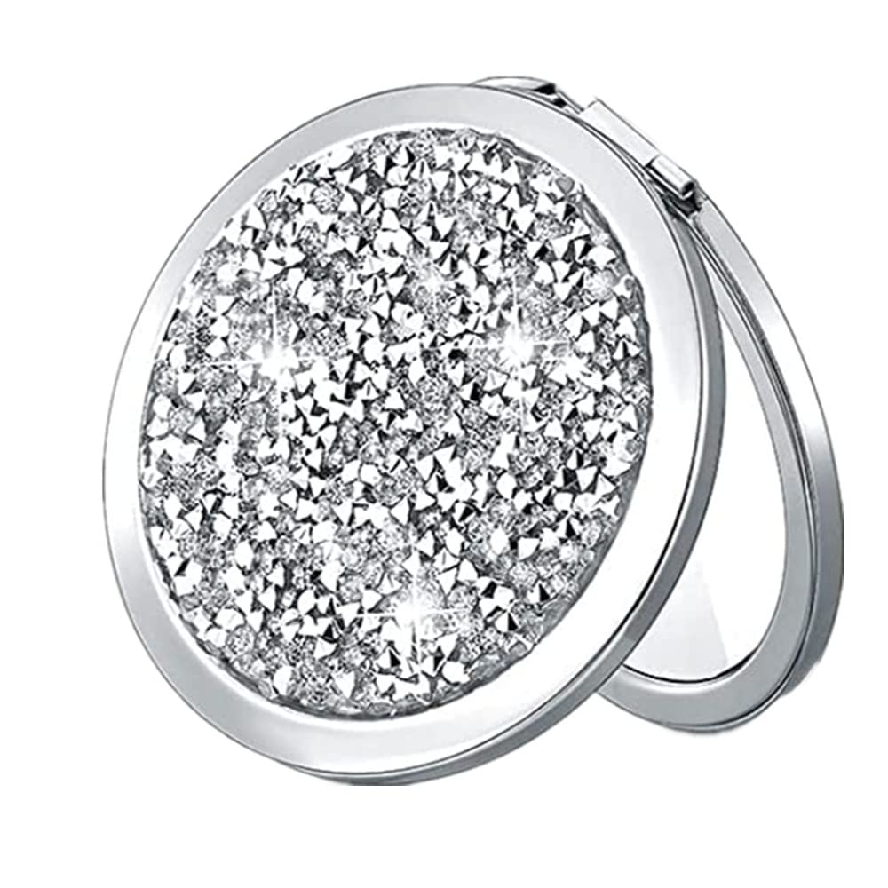 5 Pack Silver Compact Mirror with Diamond Design - 2x & 1x Magnification Folding Pocket Mirror for Makeup, Travel, Purse | Portable Small Mirror Gift Set for Women, Bridesmaids, Cosmetics Touch-ups