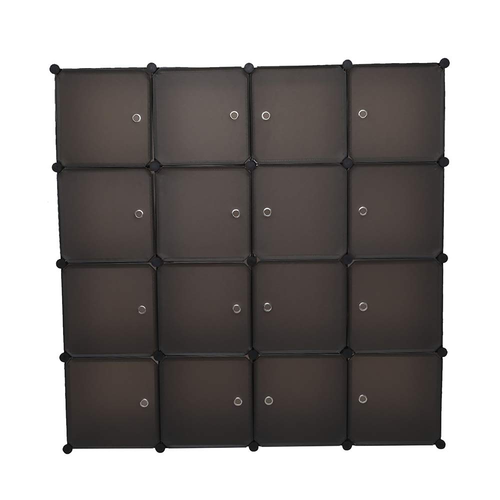 Modular Closet Organizer 16-Cube Storage Cabinet with Doors - DIY Wardrobe Shelving System for Clothes, Shoes & Toys | Space-Saving Brown Plastic Bookcase for Bedroom, Nursery & Playroom Organization