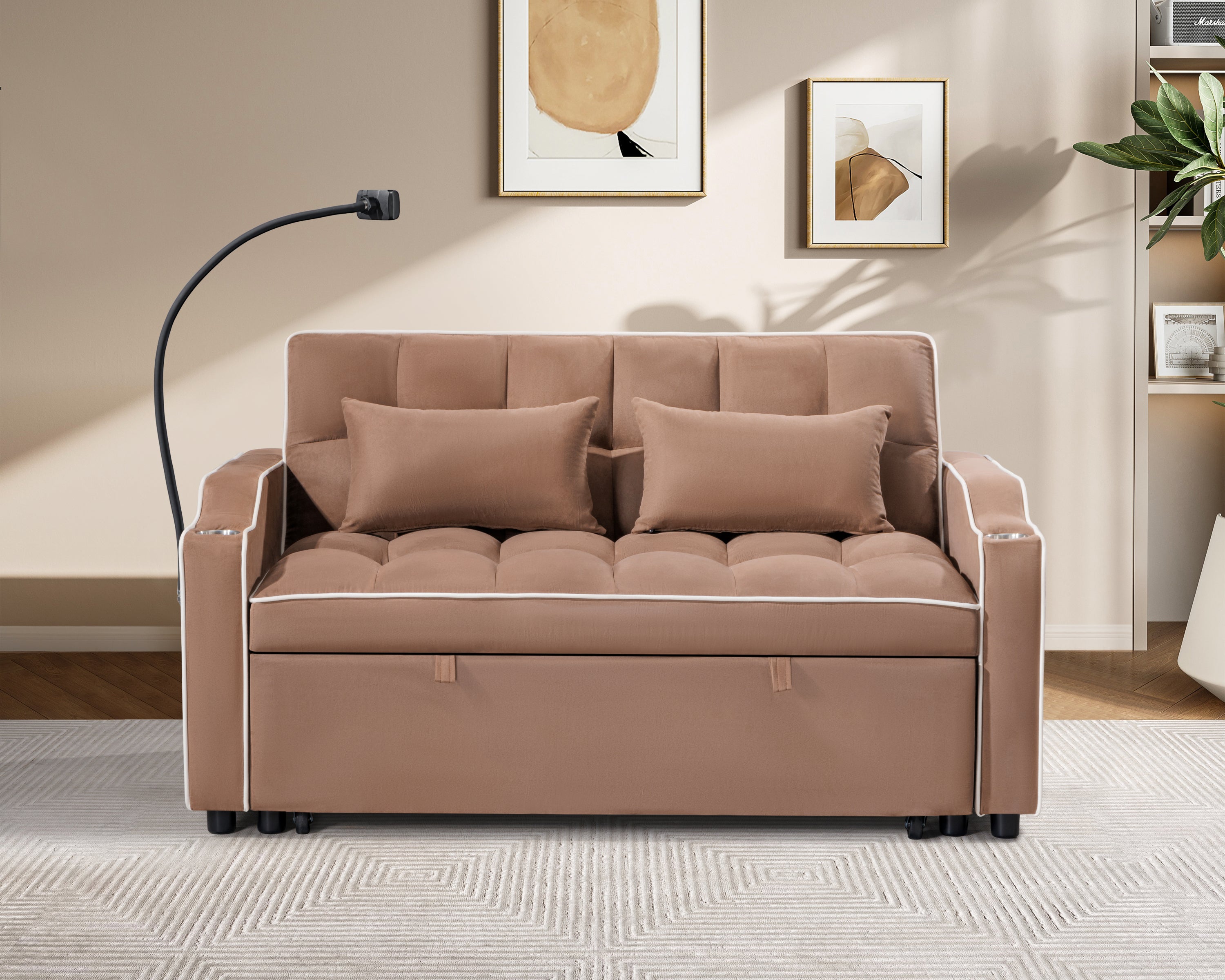 Versatile 3-Size Foldable Sofa Bed - Modern Suede Pull-Out Sleeper with Adjustable Backrest, USB Charging Port, Ashtray & Swivel Phone Stand | Perfect for Small Apartments, Guest Rooms & Home Offices