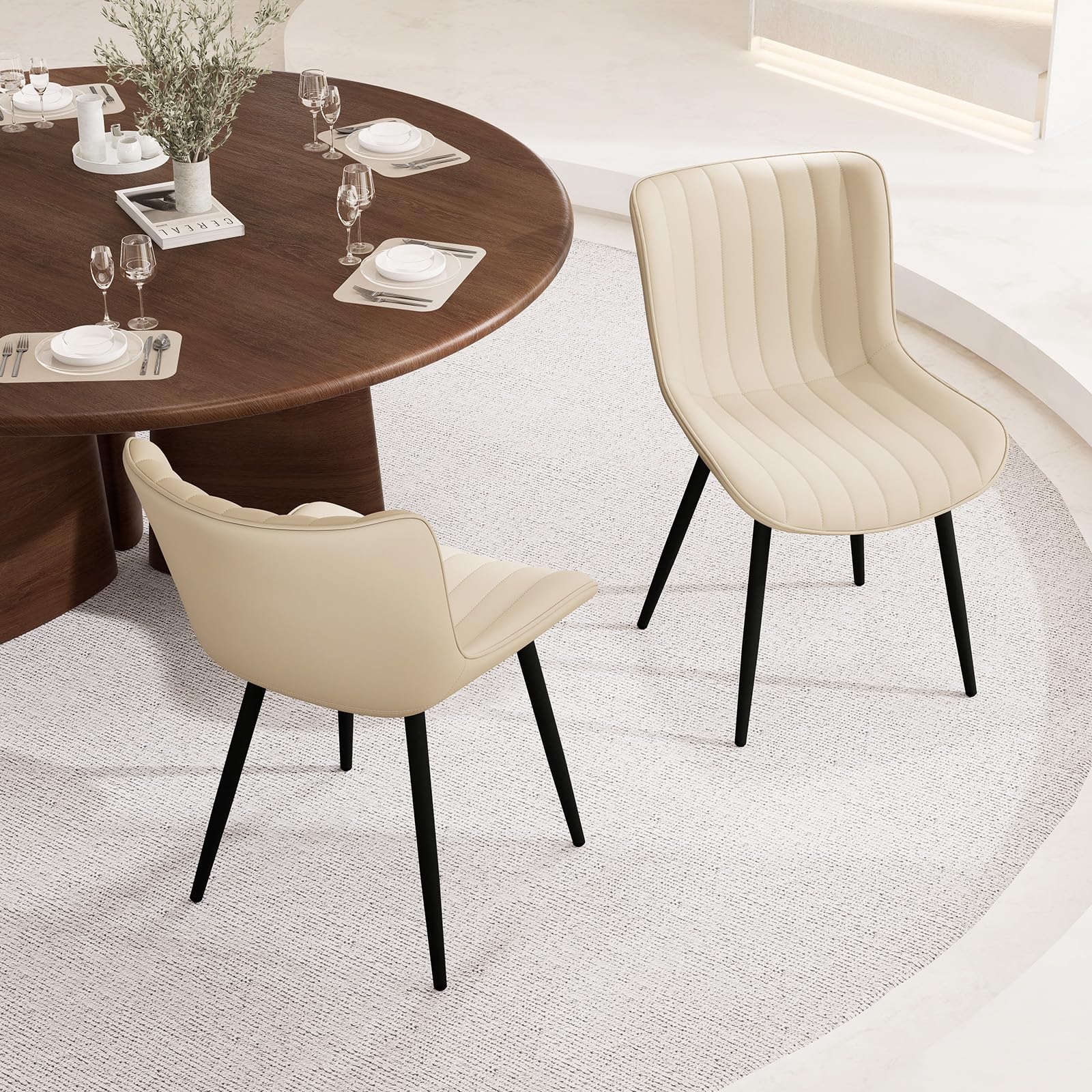 YOUNUOKE Beige Dining Chairs Set of 2 - Mid Century Modern Upholstered Kitchen Chairs with Faux Leather & Metal Legs - Armless Side Chairs for Dining Room, Living Room & Kitchen Decor