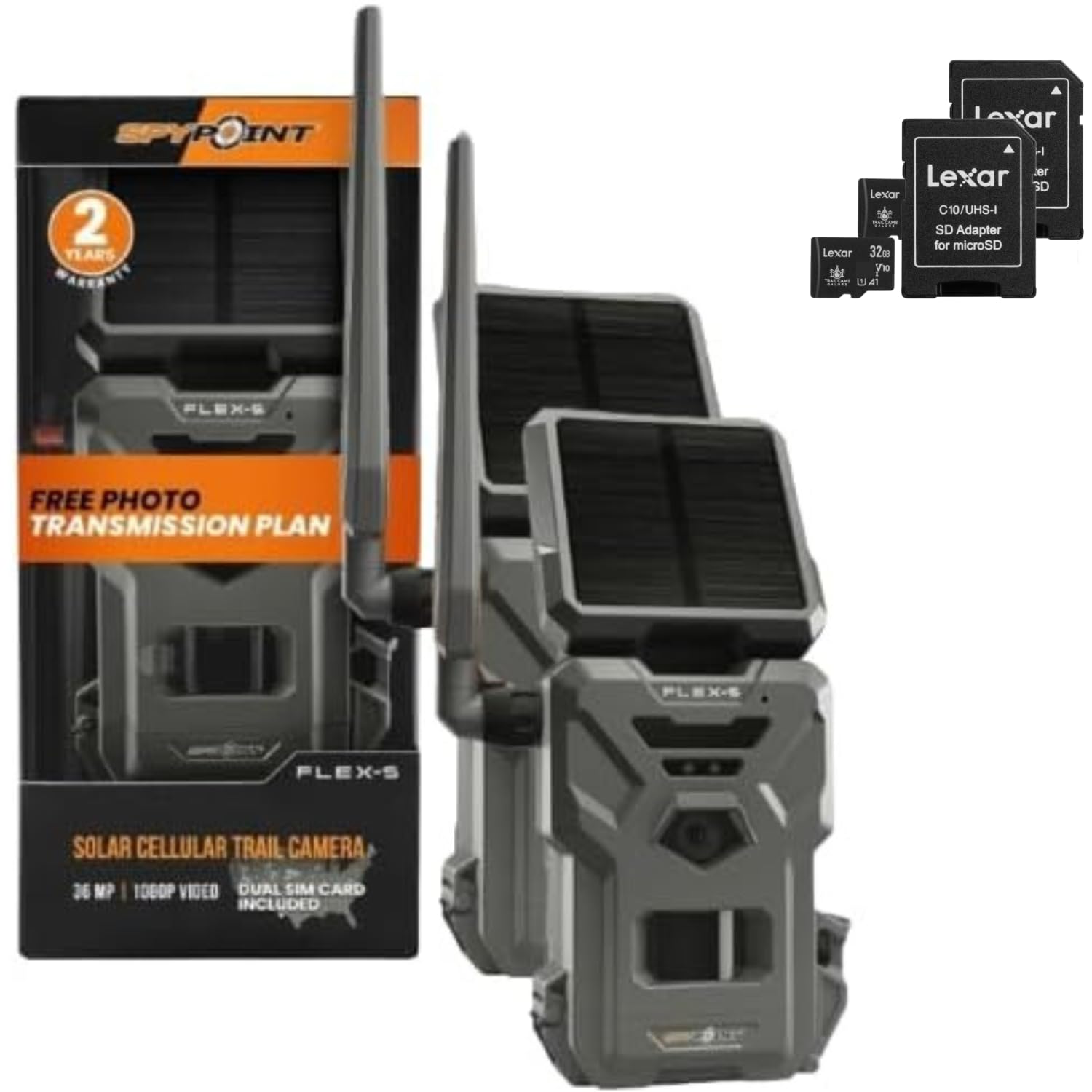 SPYPOINT Flex-S Solar Cellular Trail Camera (2 Pack) - Solar Powered LTE Game Camera with 100ft Night Vision, Internal Battery & Backup Option - Ideal for Hunting, Wildlife Monitoring & Outdoor Security